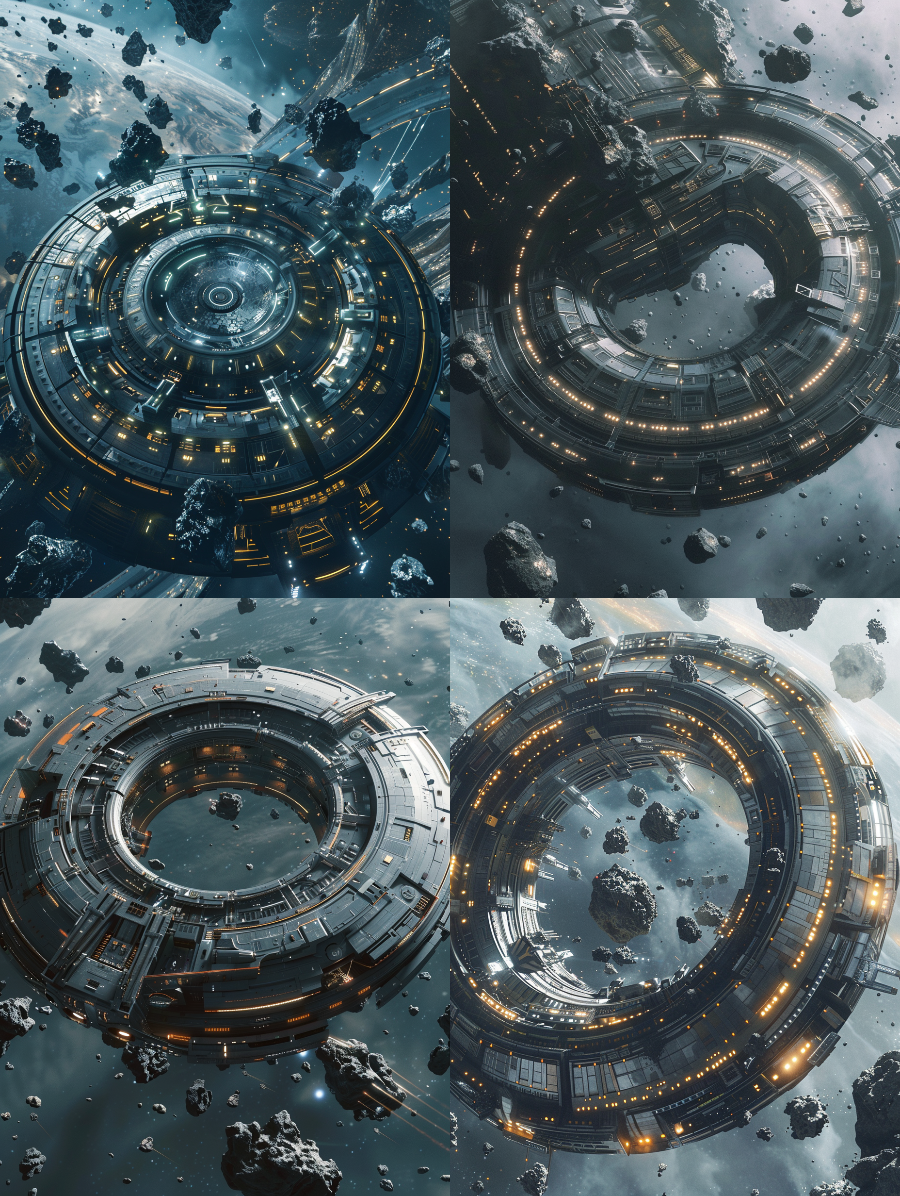 巨大圆形空间站外部环绕小行星，暗灰金属外观，白色金色点缀，高空视角，大型玻璃窗，周围漂浮小岩石碎片，体积光效果，超现实风格，广角镜头，高动态范围，冷色调，科幻氛围，细节丰富。