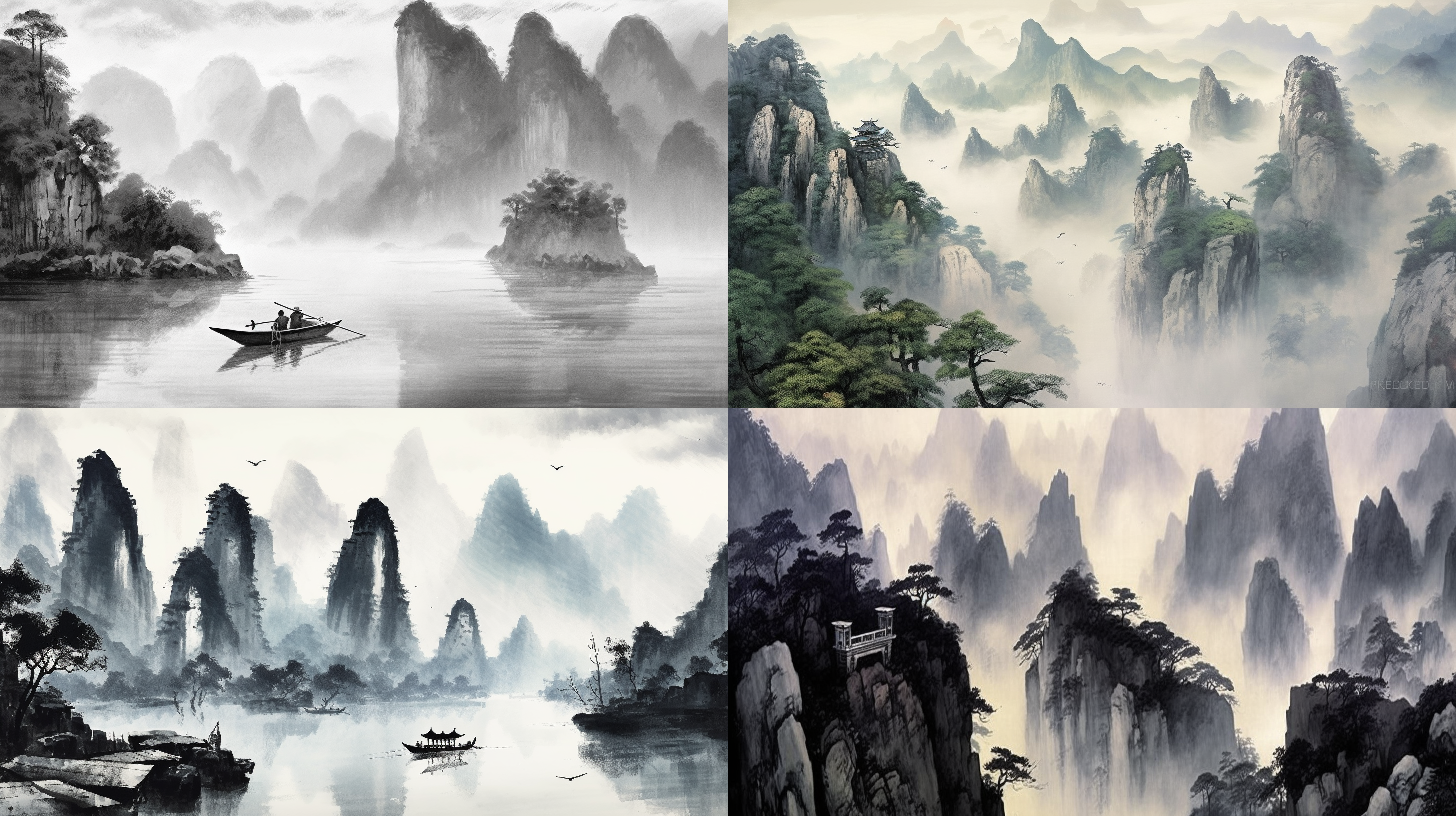 桂林山水，云雾缭绕，凤尾竹，湖边小路，石阶，水面开阔，小舟，中国水墨画风，写意，黑白灰调，绿色淡彩，层次丰富，高画质，背景留白，细节丰富，静谧氛围，细致描绘，古朴美。