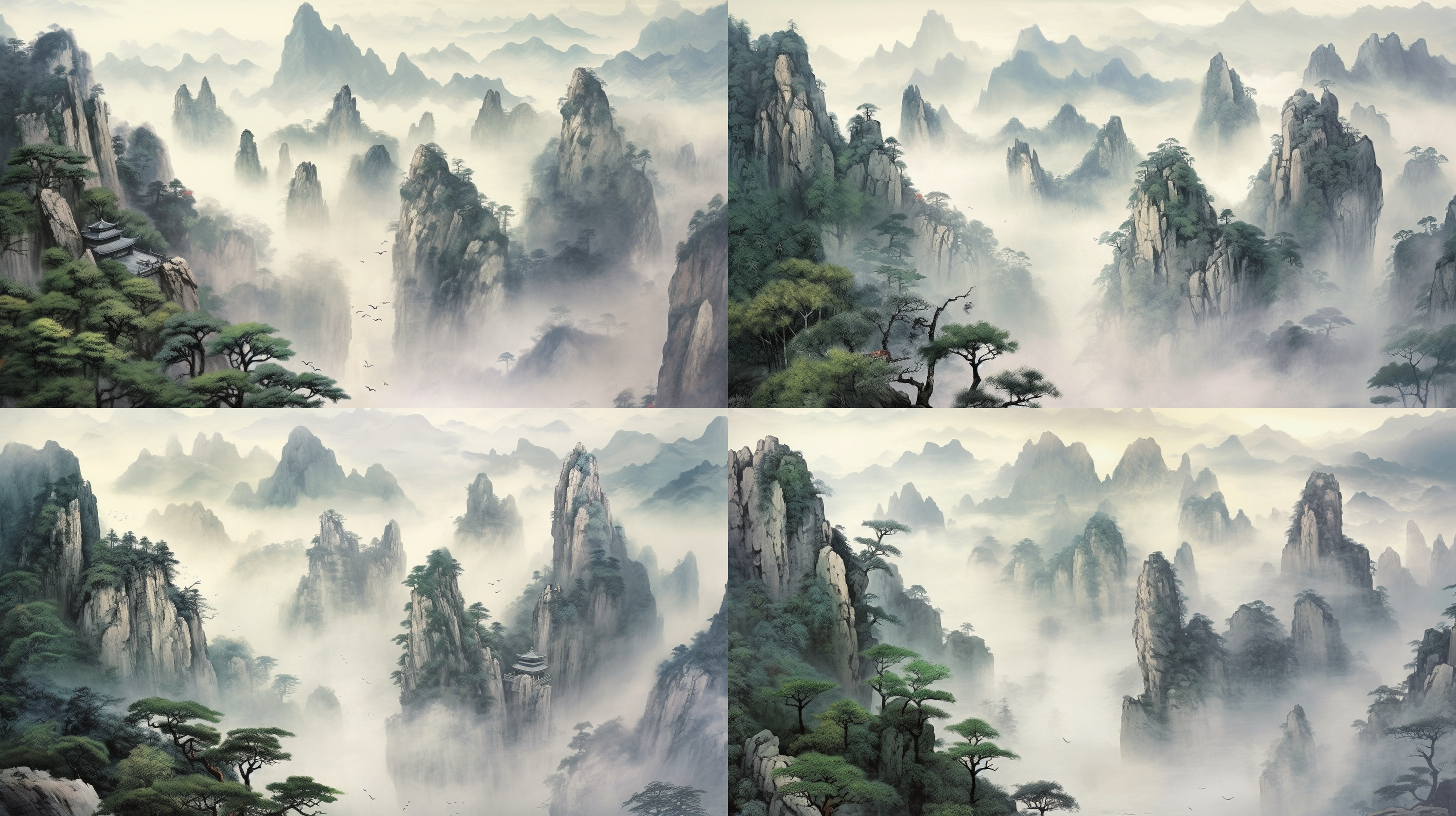 桂林山水，云雾缭绕，凤尾竹，湖边小路，石阶，水面开阔，小舟，中国水墨画风，写意，黑白灰调，绿色淡彩，层次丰富，高画质，背景留白，细节丰富，静谧氛围，细致描绘，古朴美。