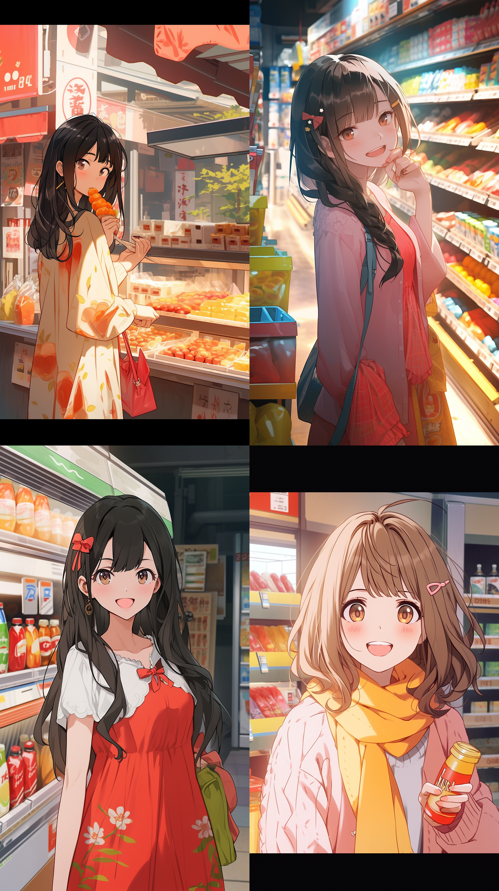 小卖部前，卡通风格女生微笑卖货，日间场景，明亮色彩，平视角度，柔和光线，近景特写，温馨氛围，亲切表情，动态售卖。