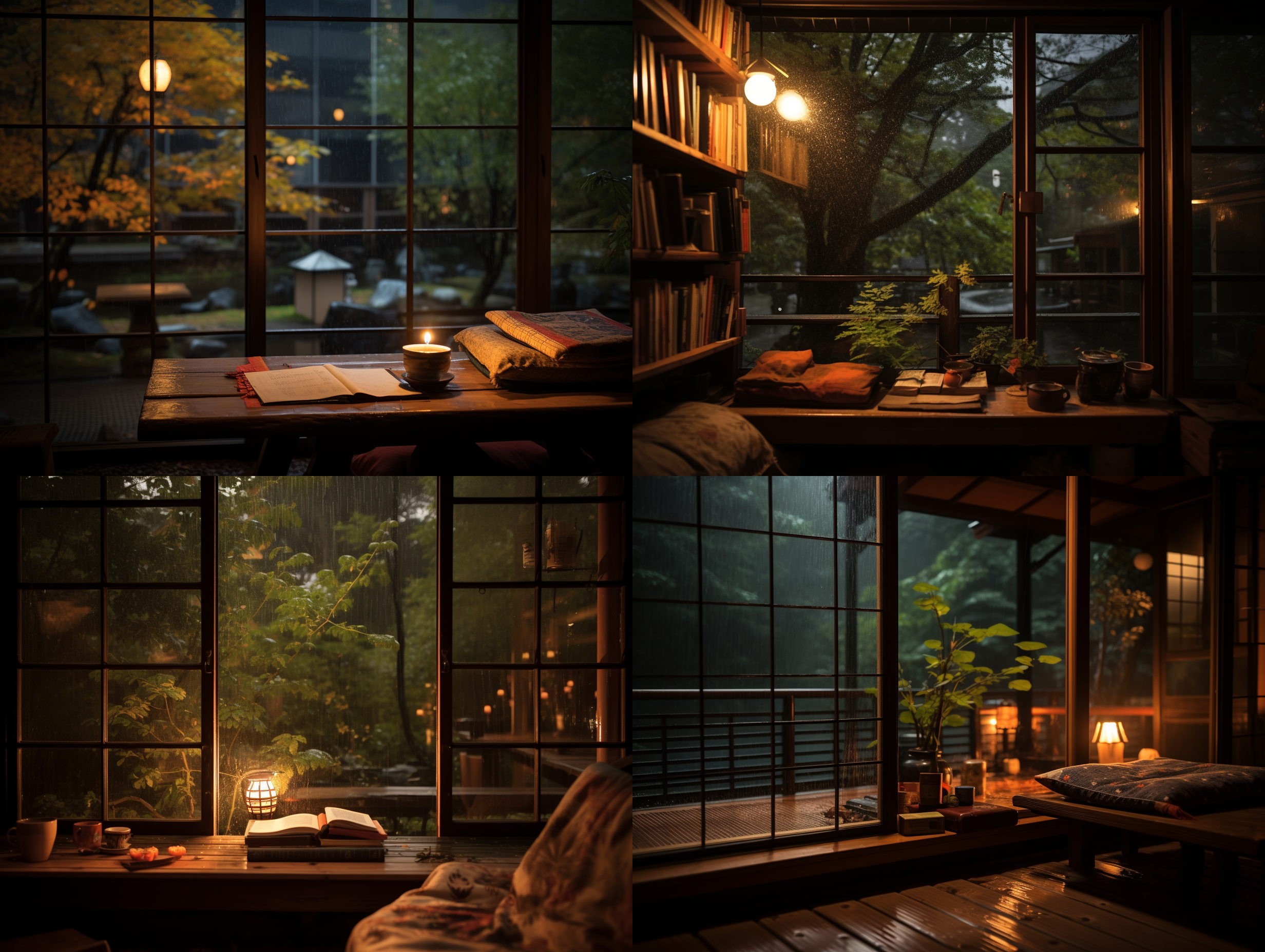 窗外雷雨交加，木屋内温馨情景，落地窗前，橘色暖光，榻榻米上，书本展开，安静阅读，室内暖色调，柔和侧光，慢快门，静谧，治愈系。