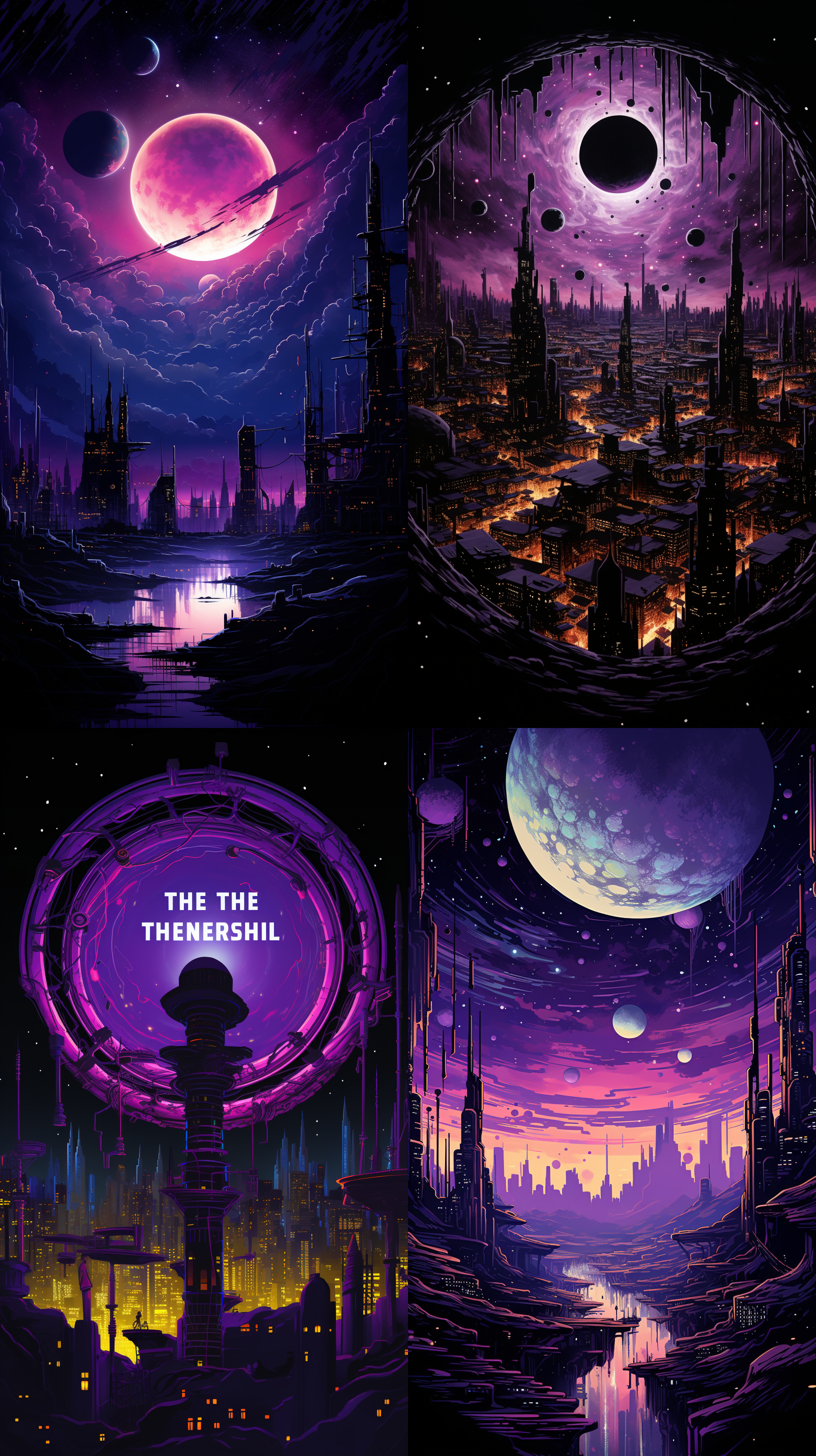 巨大黑洞中心，黑紫色光芒，未知神秘，古老科技装置碎片悬浮，半透明高科技都市剪影，闪烁霓虹灯，高楼大厦，破旧矿井，劳作工人剪影，延伸至底部，超现实风格，暗色调，广角镜头，背光，细节丰富，科幻感，紧张氛围。