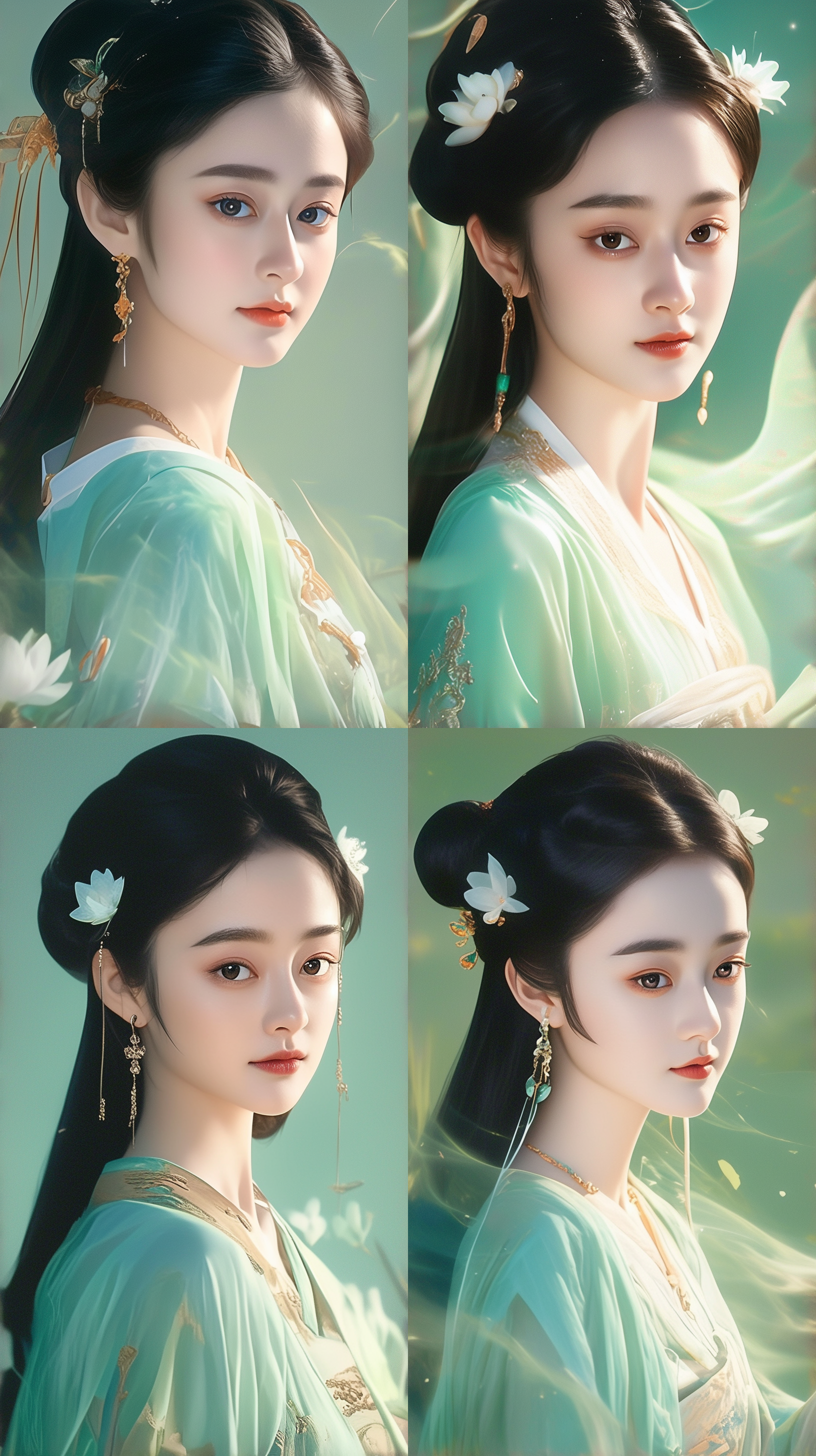 工笔画女孩，黑色长发，绿色汉服，珠宝纠结，圆脸，全身像，三视图，正面，侧面，背面，仙气飘飘，极简主义，几何形状，哑光浅绿背景，新流行插图风格，俏皮可爱，青春少女, 灵动好奇，轻盈步伐，卡通人物，特写头部，细腻线条，柔和光线，各种姿势和表情。