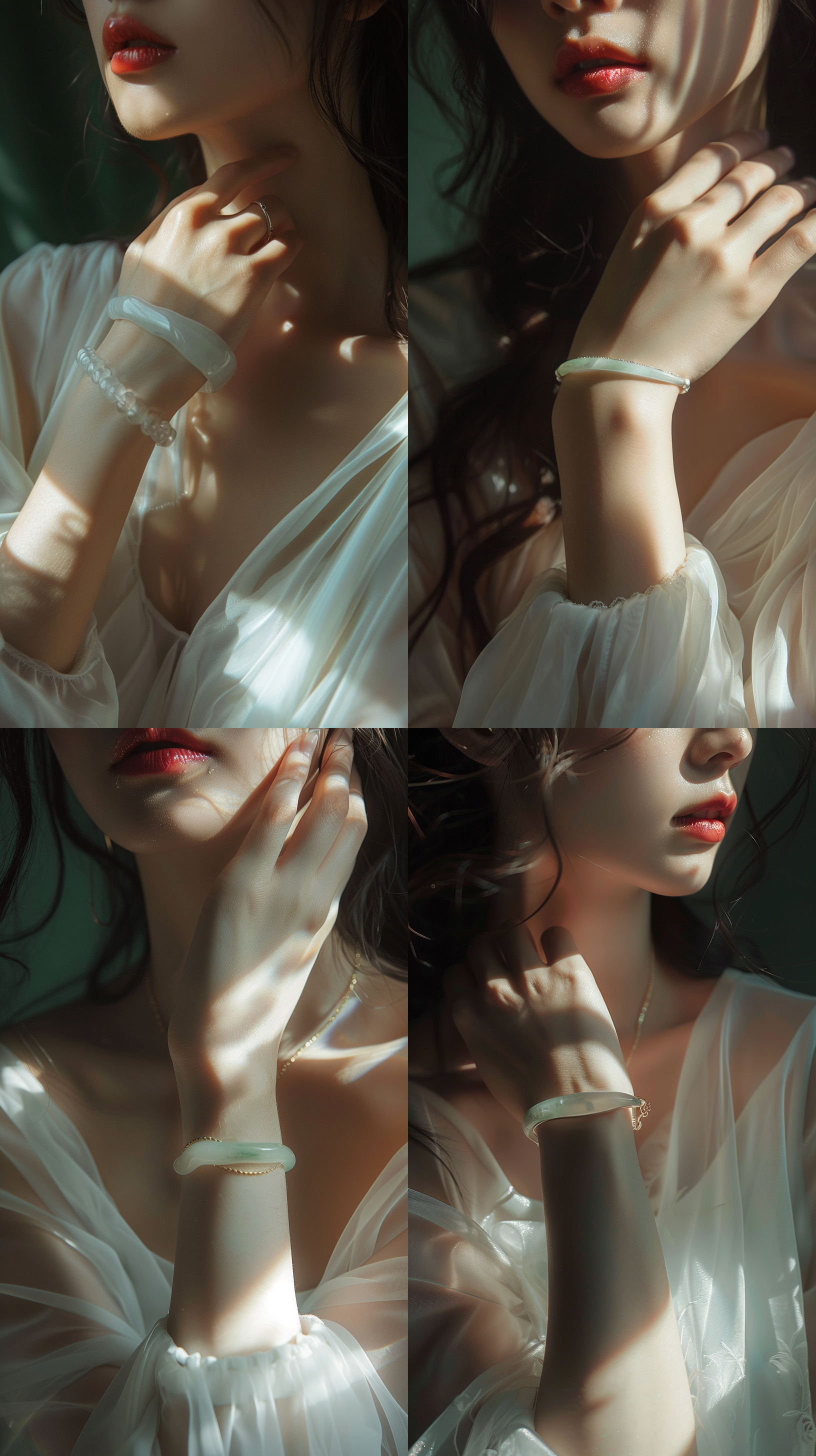 白玉手镯，中国美女手上，细节特写，光影交错，8k镜头，手部动作，柔和光线，珠宝特写，精致，华丽，优雅。