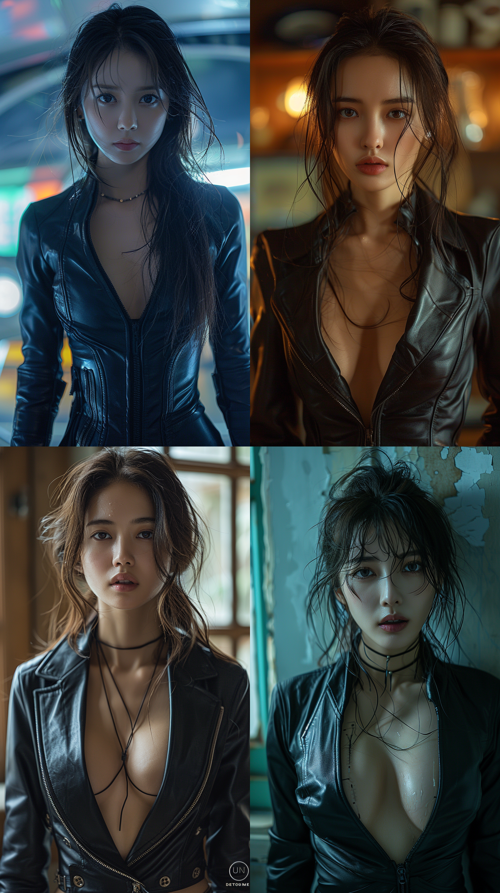 美丽的亚洲女性搜查官，紧身皮衣，昏暗房间，冷艳黑暗风格，锐利眼神，高光冷色系，光影效果，高质量细节，冷白皮肤，暗色系，低角度拍摄，硬光，高对比度，长焦镜头，静态姿势，专注表情。
