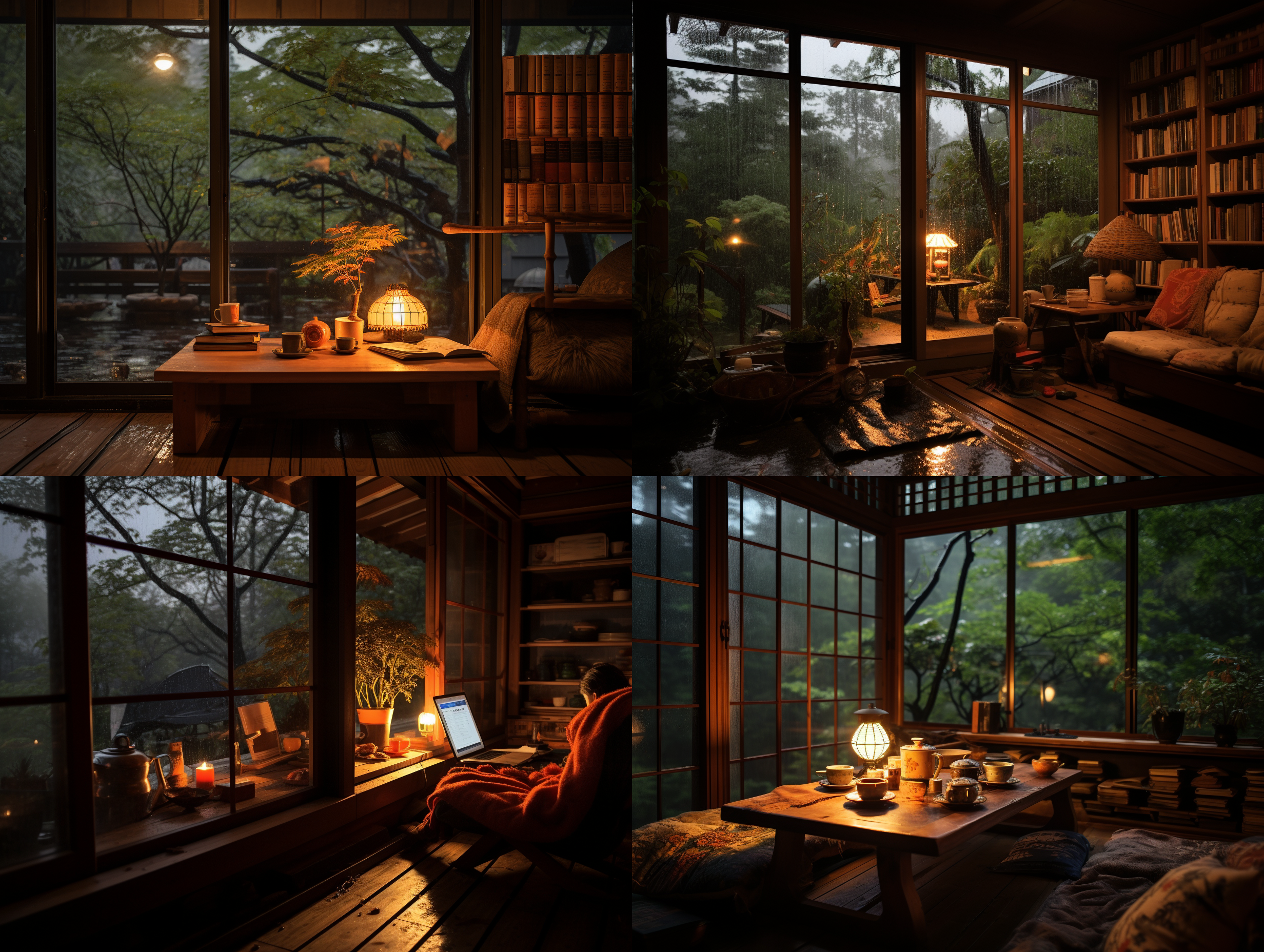 窗外雷雨交加，木屋内温馨情景，落地窗前，橘色暖光，榻榻米上，书本展开，安静阅读，室内暖色调，柔和侧光，慢快门，静谧，治愈系。