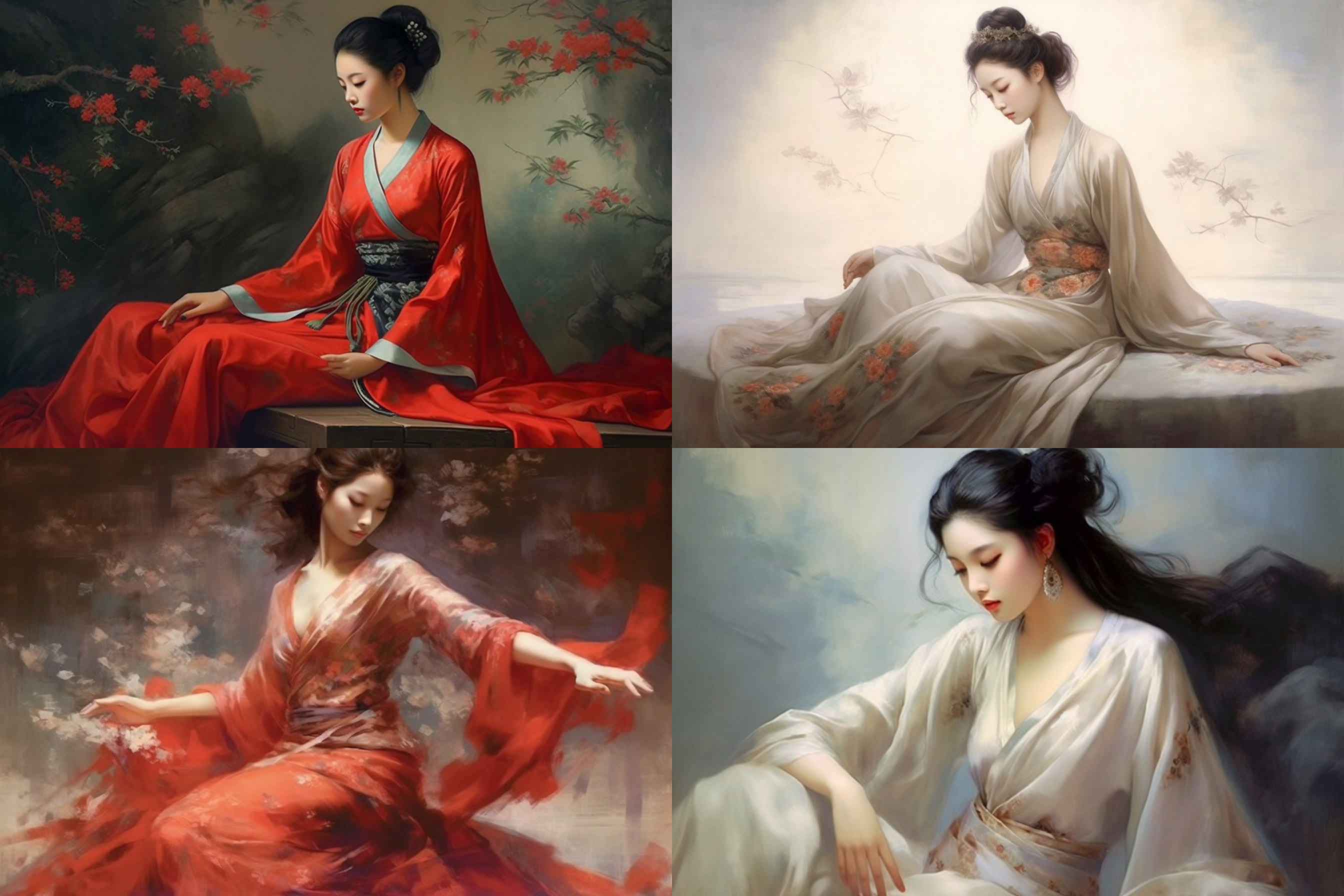 宫廷仕女蹲坐纺纱，花瓣飘落，线条人像，中国画风格，娟本淡彩，高画质，优雅姿态，柔和表情，背景留白，细节丰富，静谧氛围，传统服饰，细致描绘，古典美。