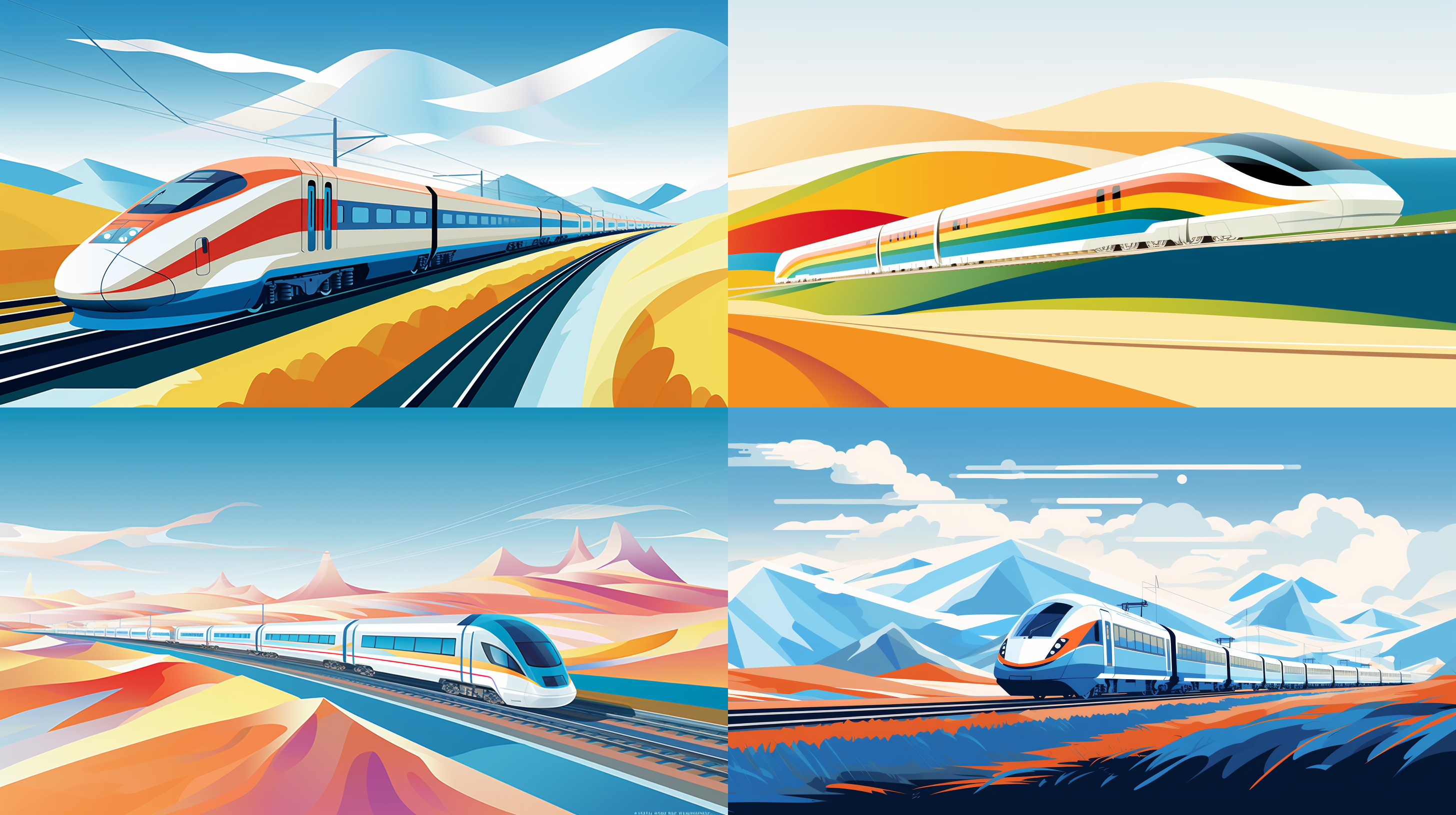 扁平化风格插画，中国青海甘肃，高铁列车穿越，明亮统一色调，1/3留白，简约线条，色彩统一，清新自然，线条简洁，色彩和谐，俯视视角，扁平设计，几何形状，平滑渐变，无阴影，高饱和度，简洁构图。