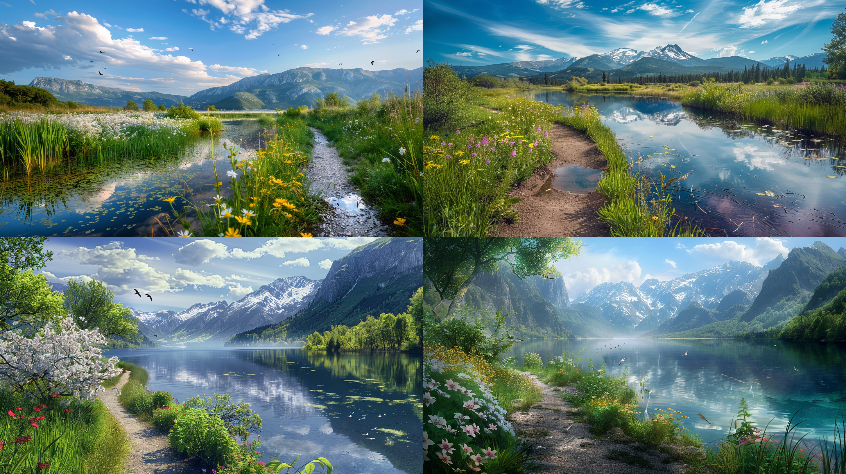 小路蜿蜒，山水相映，花鸟点缀，远景长焦，蓝天白云，柔和光线，自然色彩，宁静氛围，广角镜头，低角度拍摄，深度感，和谐统一。