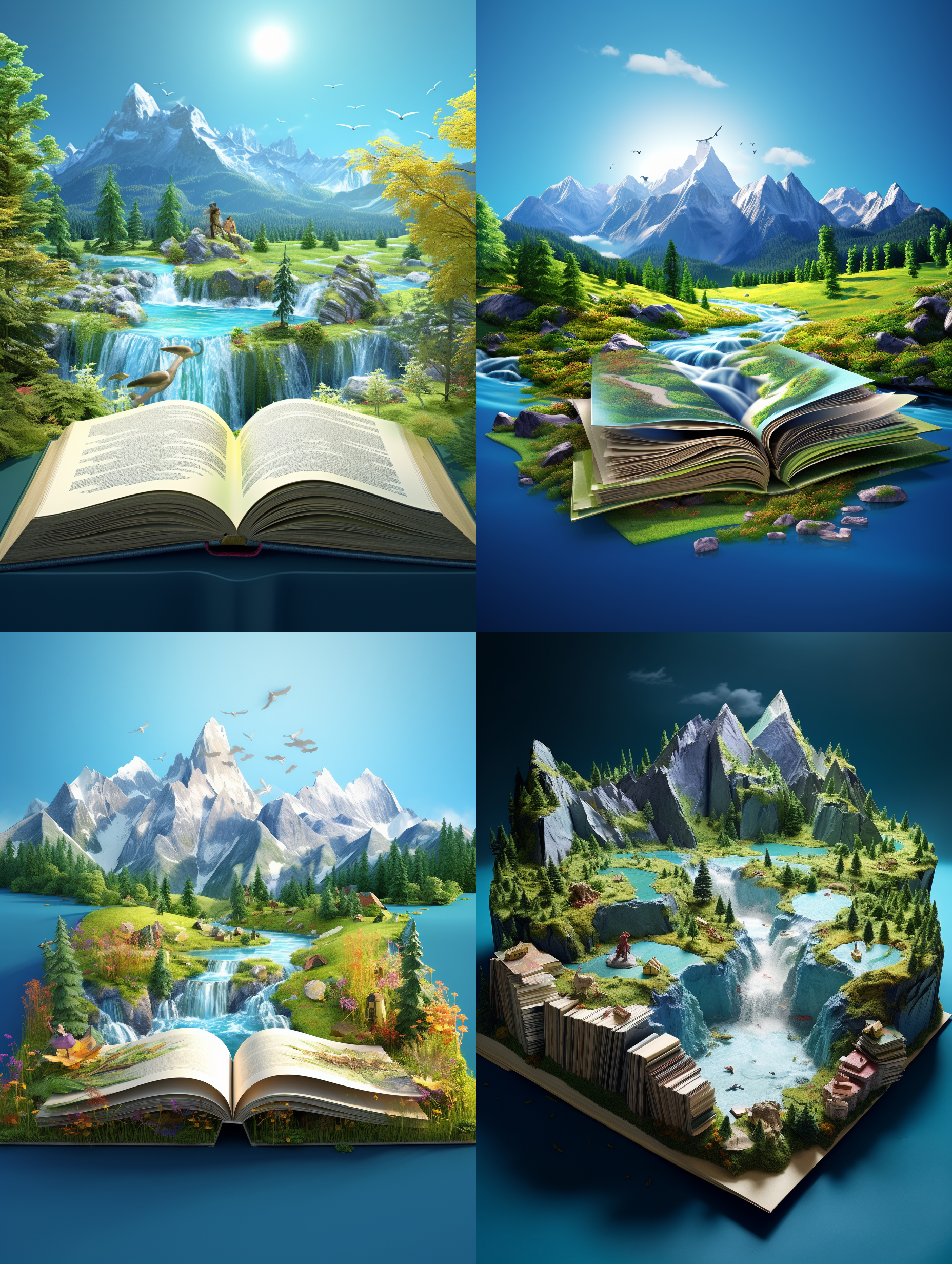 3d stereoscopic art, open book has stereoscopicchineselandscape painting, river, mountain, booknaturascenery, blue and green color scheme, softlight, 3d art,octane rendering, bright backgroundcolorful,panoramic