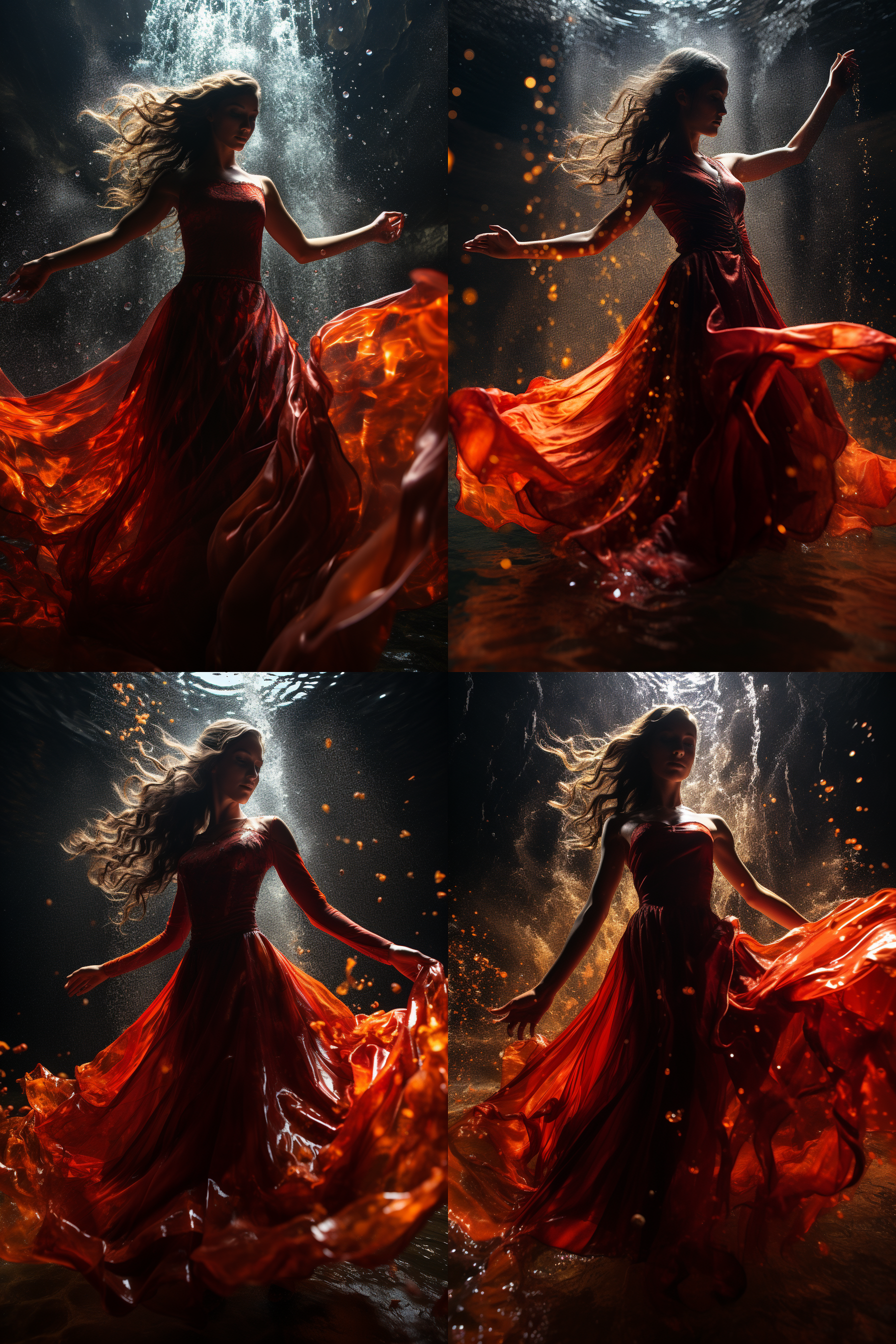 瀑布下红衣女孩舞剑，水花四溅，气势壮观，逆光，正面闪光灯补光，颜色通透，低视角，长焦镜头，8k高清晰画面，动态捕捉，自然光与人工光结合，红色与水花对比，专注表情，动态模糊效果。