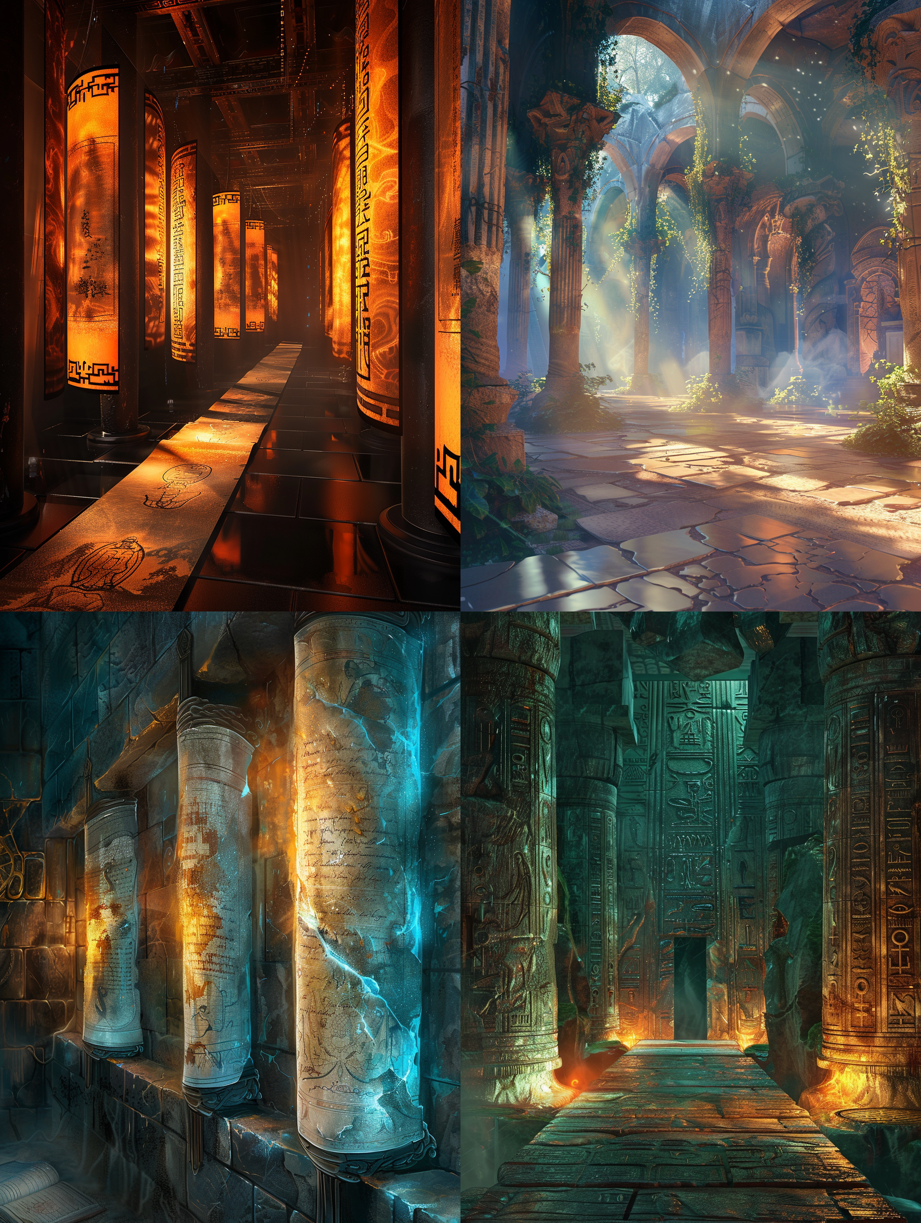 game scrolls against a backdrop of led lighting, ancient landscape scrolls with glowing edges, illuminated scrolls, open scrolls,. perspective light is used to enhance the sense of layering. high resolution to create an overall effect of flowing light.