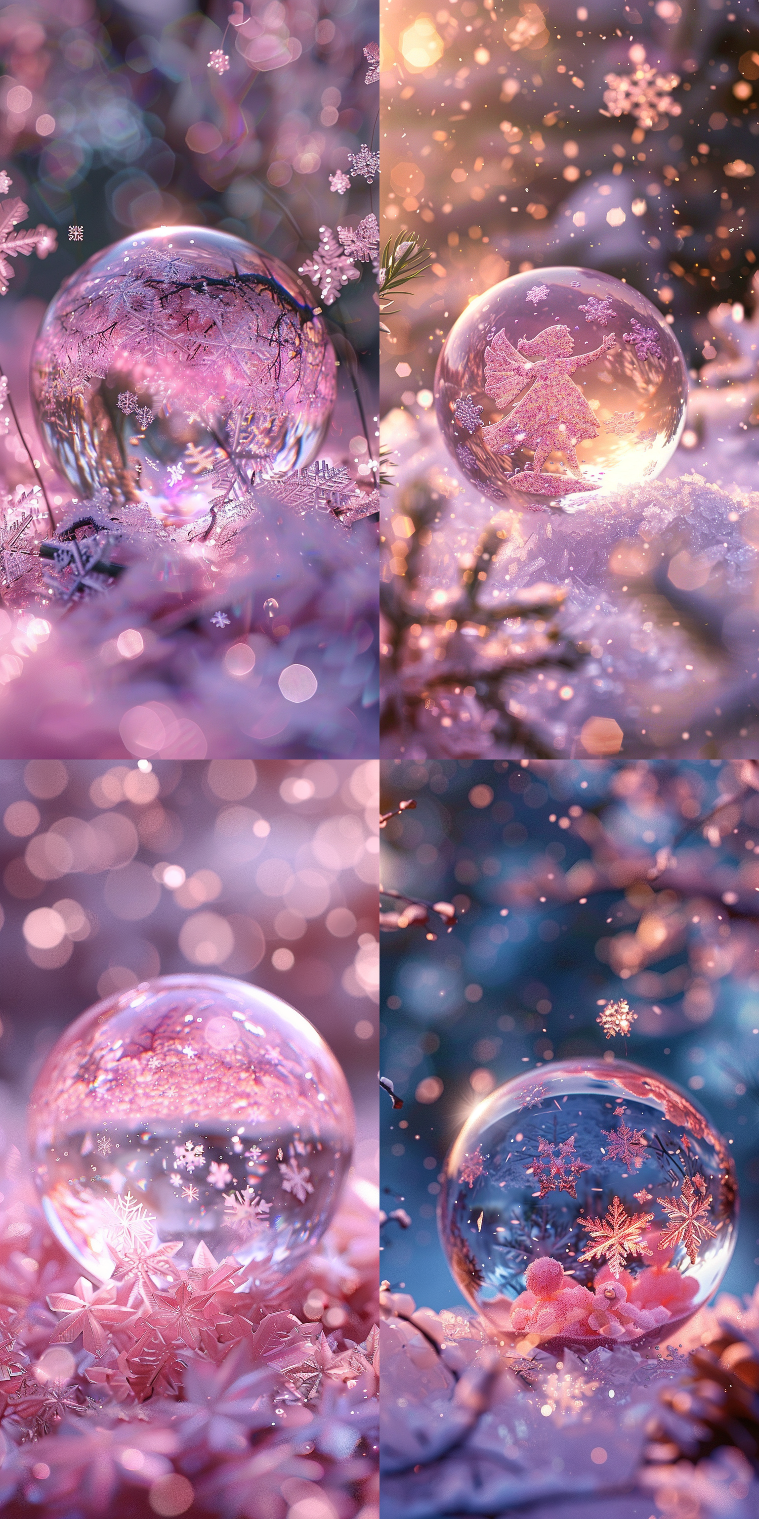 粉色水晶球，小天使雪花中飞舞，动态渲染，色彩渐变，光影交错，神秘感，细节丰富，微距镜头，柔和光线，冷暖色调对比，梦幻氛围，轻盈动作。