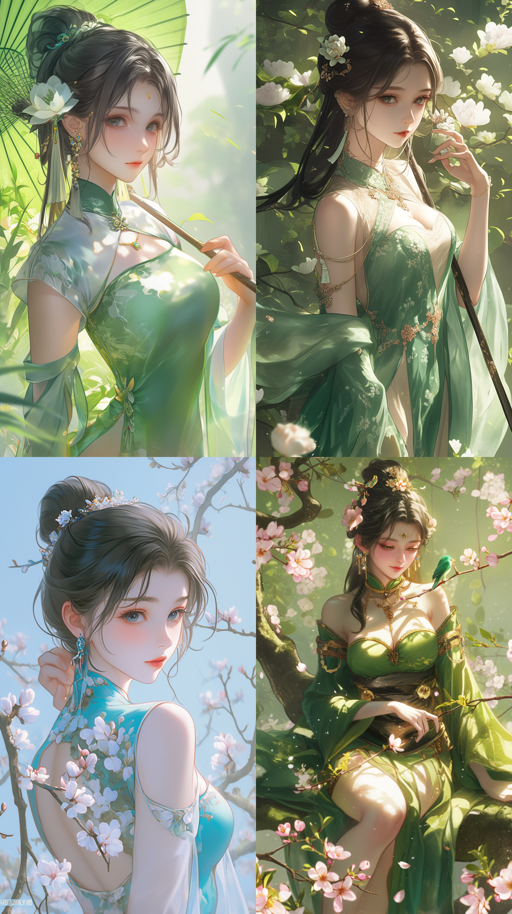 唐朝, 公主, 豆绿色旗装, 流苏发髻, 玉肌明眸, 江南烟雨, 玉兰花, 细节丰富, 仰视角度, 清新脱俗氛围