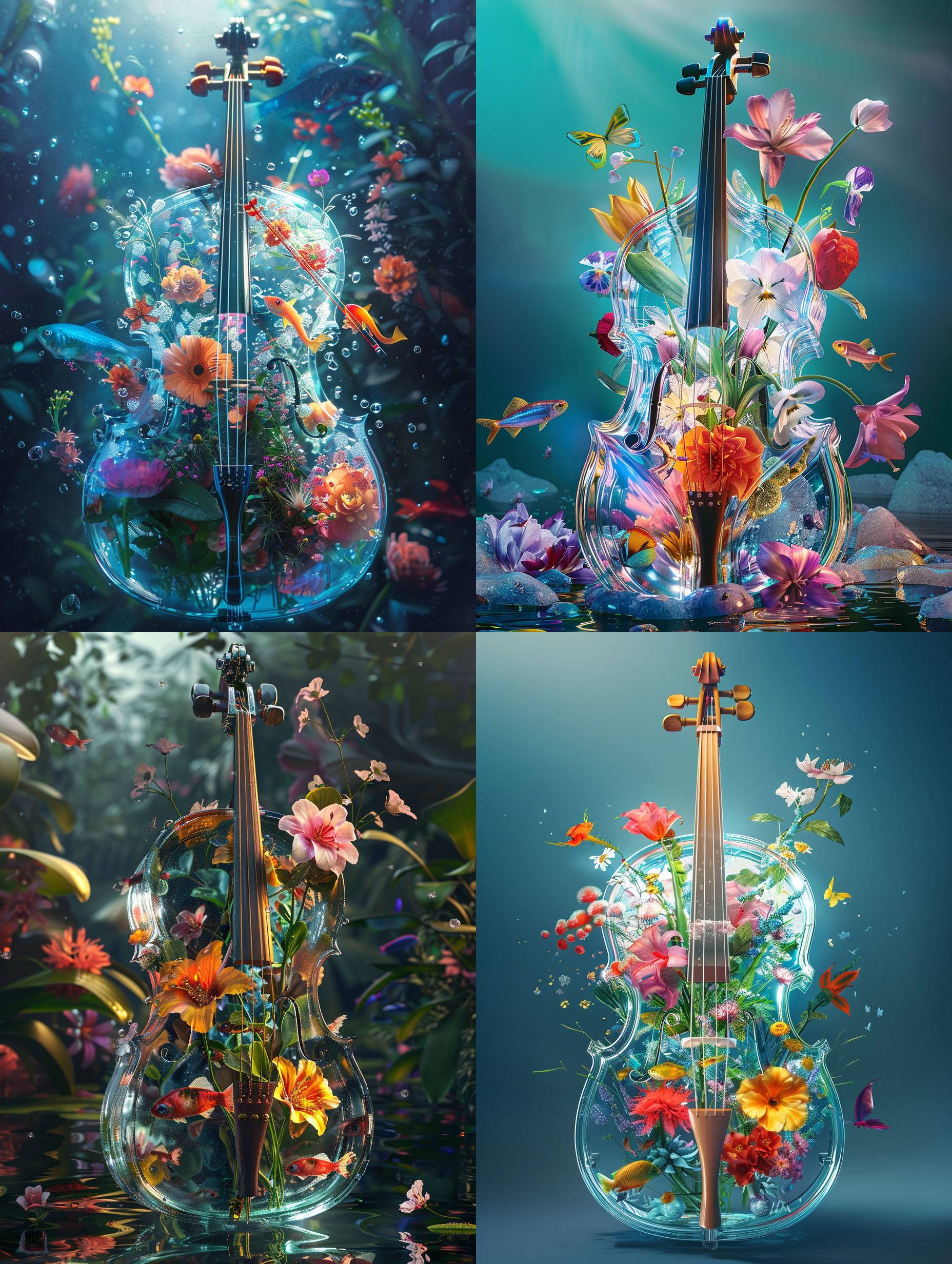 surrealistic crystal cello with colorful flowers and fish inside, concept art