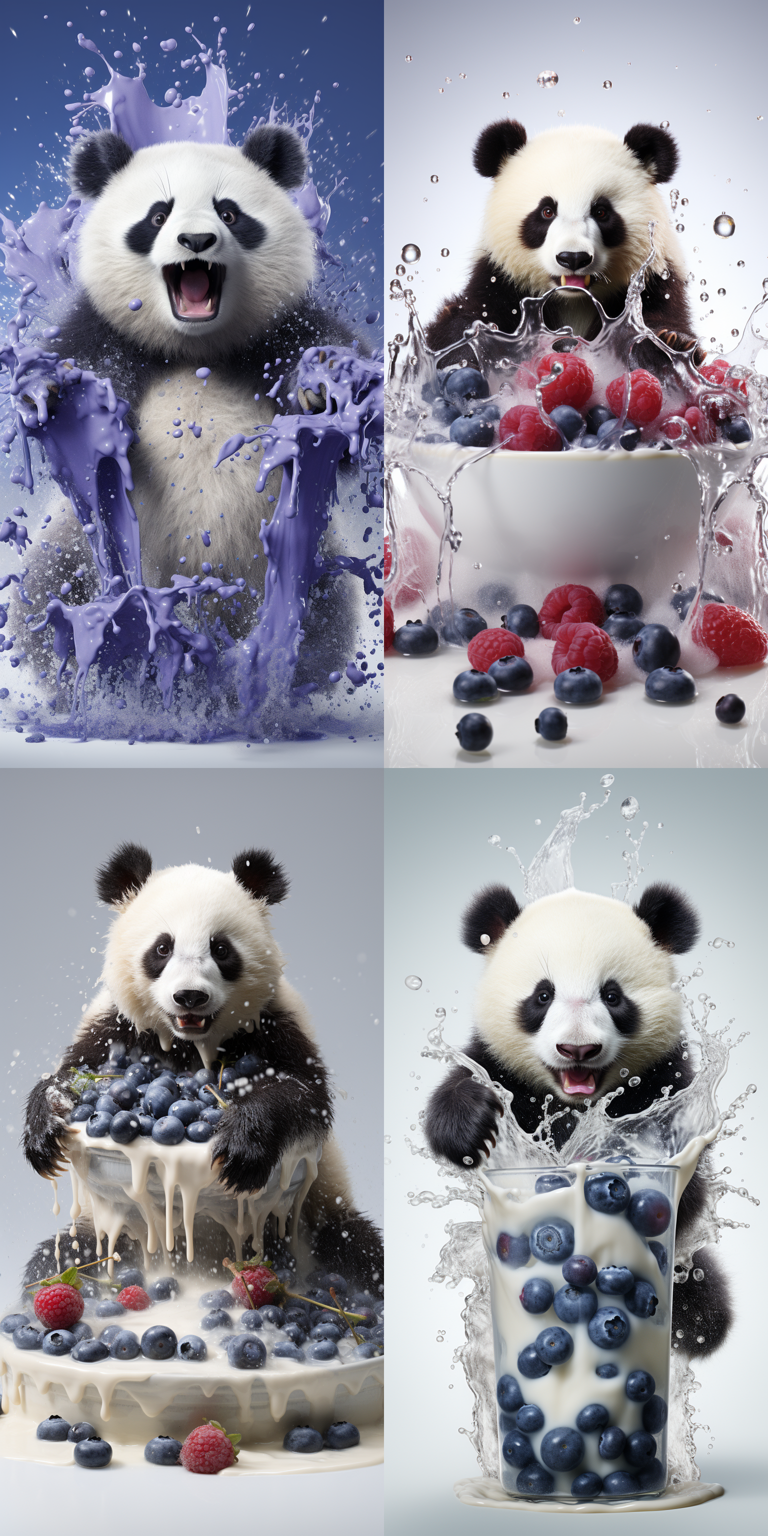 牛奶与蓝莓酱混合生成大熊猫，纯白色背景，简洁构图，3d渲染，细节逼真，柔光，8k分辨率，超高清，充满想象力，艺术性，快乐，混合色彩，立体感，光泽度，动态模糊。