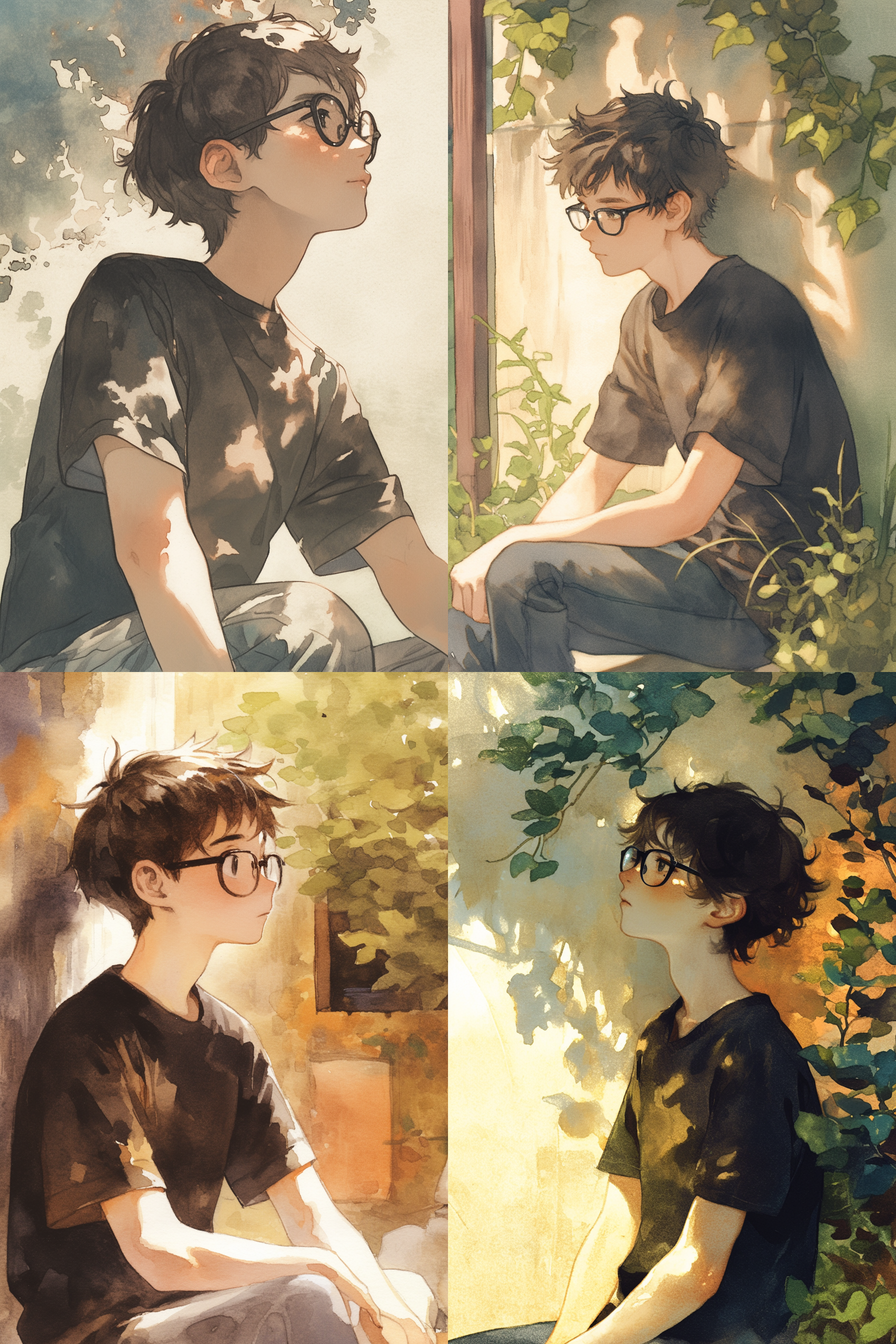 一个男孩坐在室外，侧脸，高鼻梁，大眼睛，戴着黑框眼镜，穿着黑色t恤，头发黑色超短，水彩风格，半身照，暖色系，高品质，高分辨率