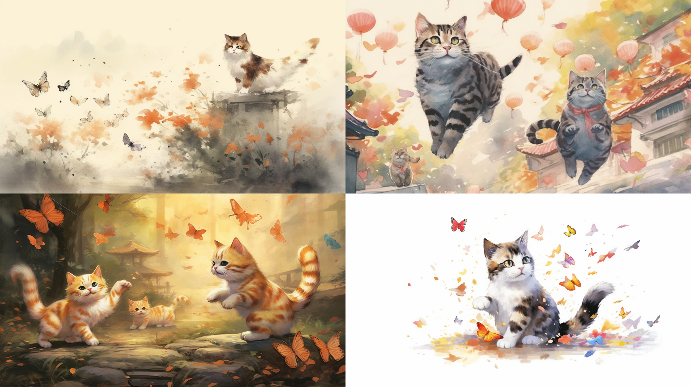 猫咪抓蝴蝶，中国风，写意动物，动态可爱，线条流畅，绢本中国画，4k高清画质，传统元素，水墨渲染，轻盈飞舞，细腻笔触，柔和光线，自然背景，生动表情，和谐色彩。