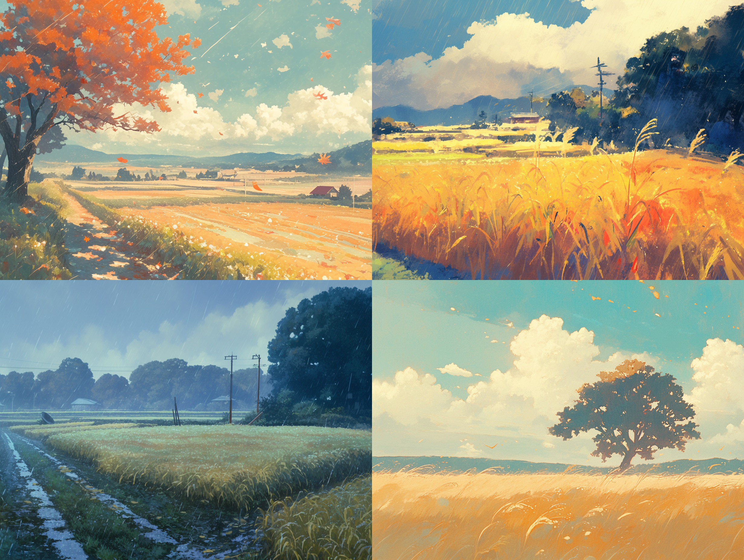 芒种雨绵绵，立秋风萧萧，自然风光，长焦镜头，远景，低饱和度，阴天，细雨，微风，树叶摇曳，宁静，忧郁。