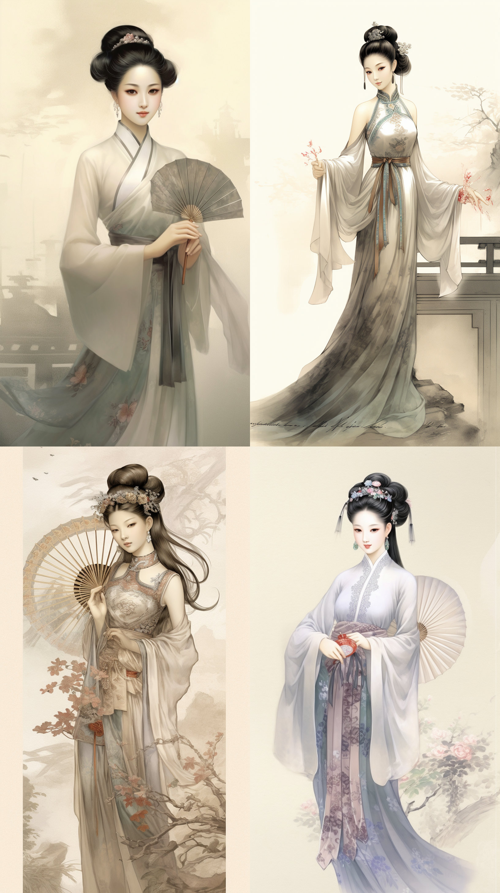 宫廷仕女正面手持扇，线条人像，中国画风格，娟本淡彩，高画质，优雅姿态，柔和表情，背景留白，细节丰富，静谧氛围，传统服饰，细致描绘，古典美，平光，细腻笔触，淡雅色彩，静态美，文化底蕴。