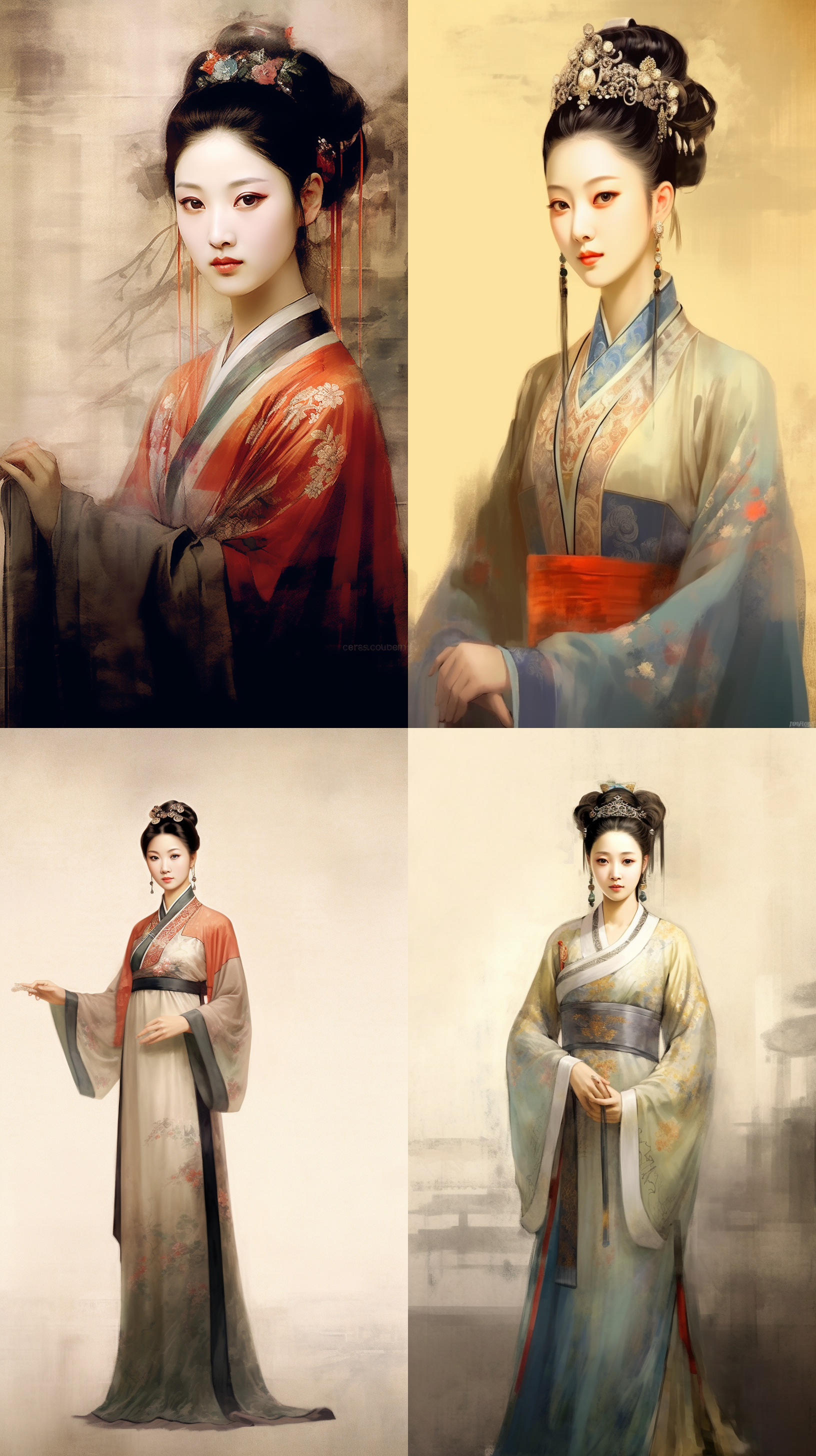 中国唐代宫廷仕女正面人像，中国画风格，线条勾勒，娟本淡彩，高画质，优雅姿态，柔和表情，背景留白，细节丰富，静谧氛围，传统服饰，细致描绘，古典美，中景构图，自然光，细腻笔触，淡雅色彩，端庄，宁静。