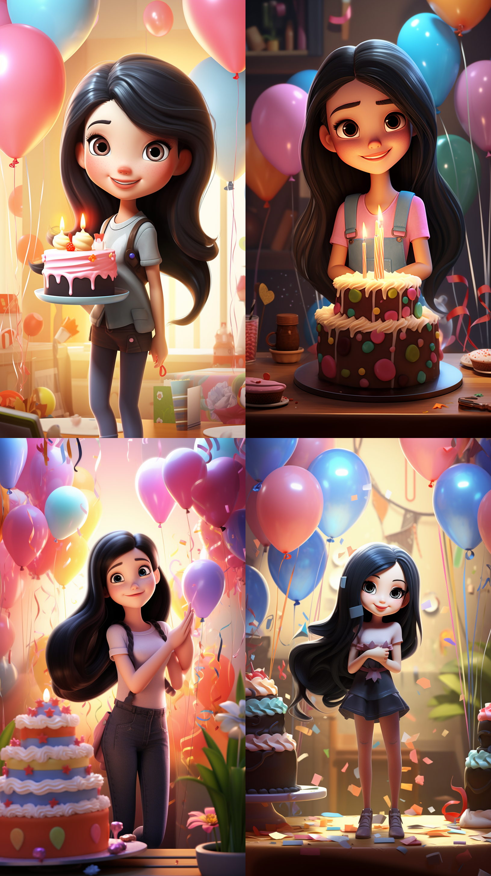 3d卡通女孩，黑色长发，鹅蛋脸，精致脸庞，端蛋糕，生日背景，气球，鲜花，温馨氛围，柔和光线，室内场景，广角镜头，鲜艳色彩，快乐表情。