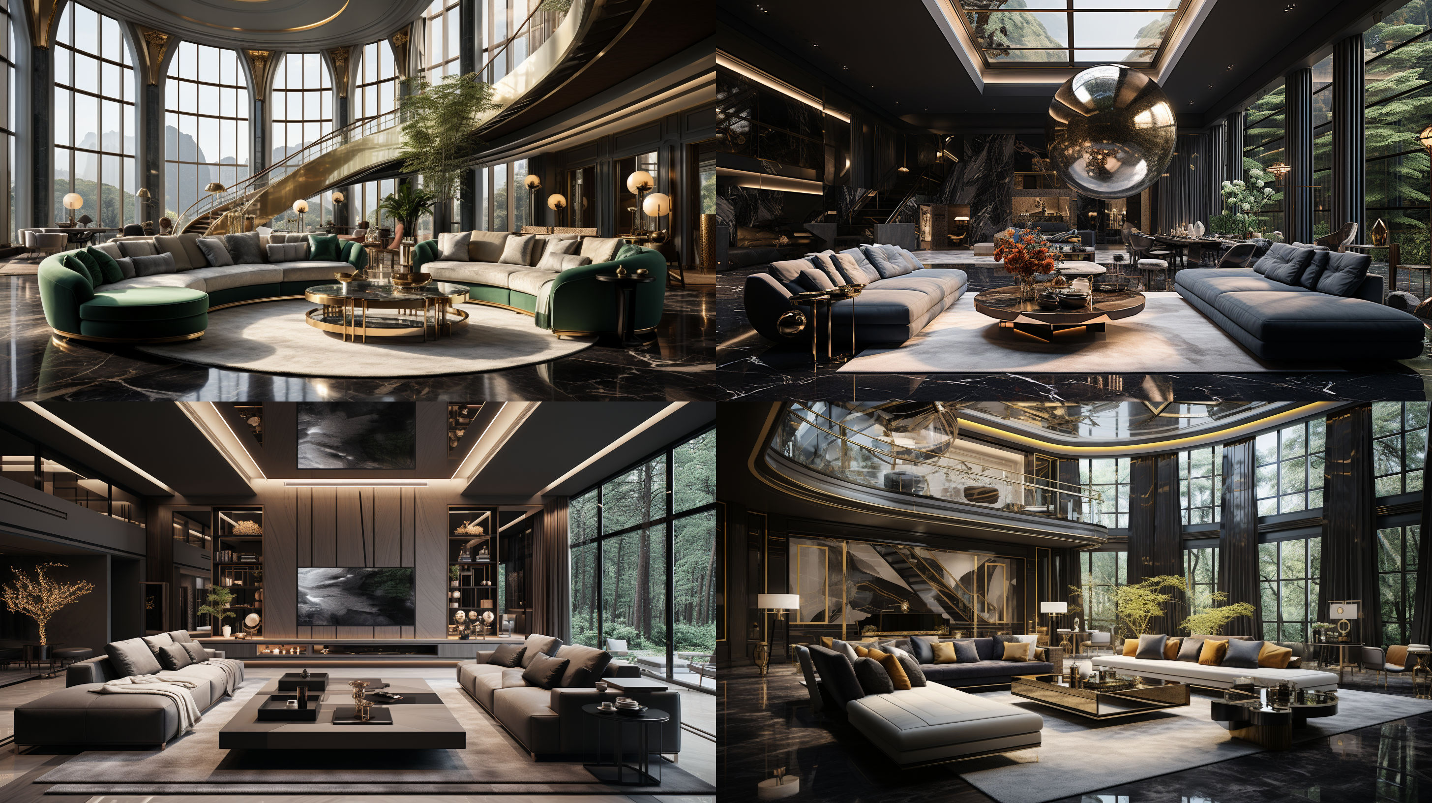 十平方米室内封闭包房，u形沙发，大屏幕，金属茶几，奇特吊顶，夸张墙面，奢华大理石地面，明亮柔和灯光，丰富细节，体积照明，一点透视，广角，慢快门。