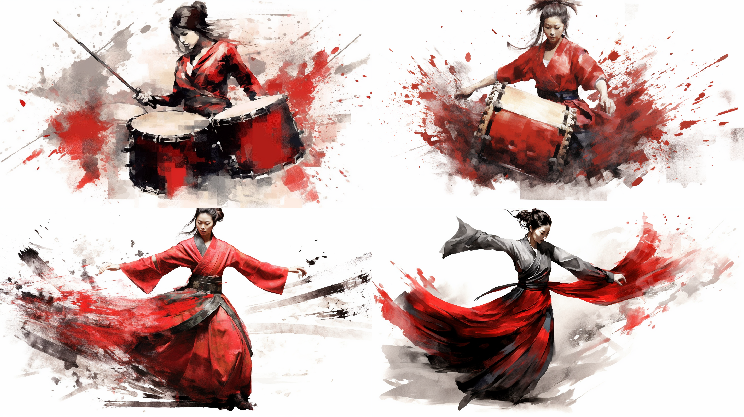 中国红大鼓，红衣女子舞蹈击鼓，长红袖飘带，袖摆及裙飘逸，泼墨写意中国画，黑白灰，静态层次分明，高画质，背景留白，古朴美，雄壮姿态，中焦镜头，柔和光线，动态捕捉，传统服饰，优雅动作，强烈节奏感。