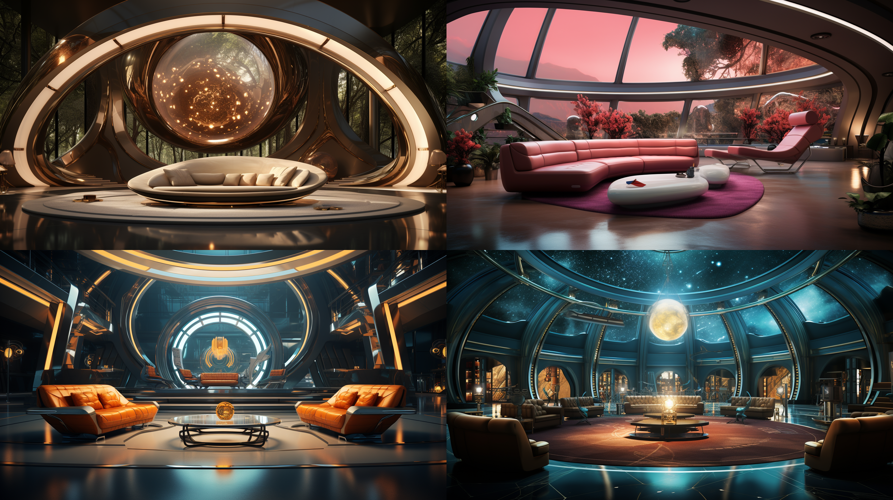 室内封闭空间，星际穿越主题，未来科技感，金属质感，正打视角，两侧与对面舒适设计感沙发，茶几，奇特吊顶，夸张墙面，奢华大理石地面，绚烂色彩，冷色调，广角镜头，顶光，慢快门，静态，神秘。