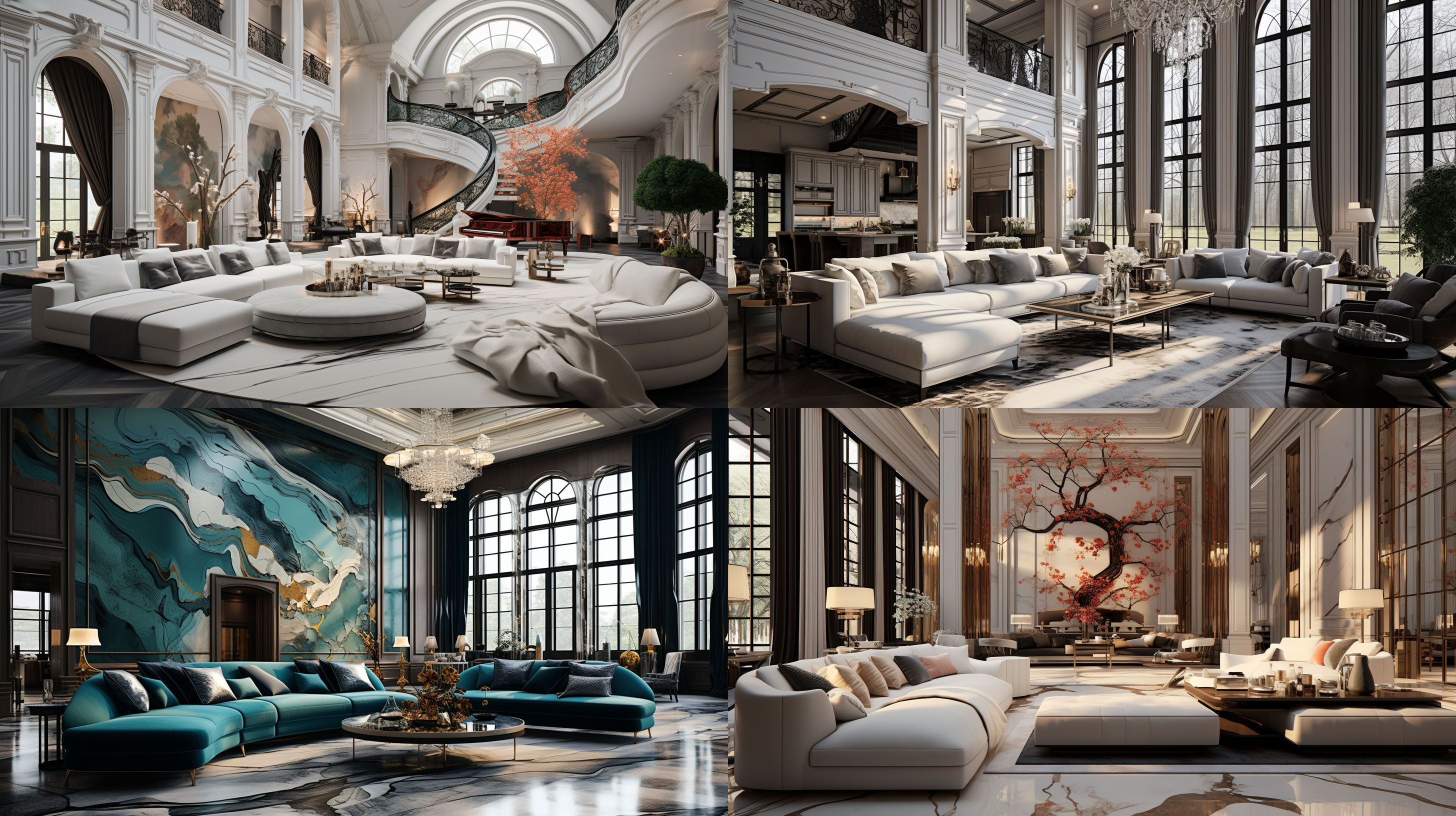 十平方米室内封闭包房，u形沙发，金属茶几，大屏幕，奇特吊顶，夸张墙面，奢华大理石地面，浅色调，明亮柔和灯光，丰富细节，体积照明，一点透视，广角镜头，慢快门。