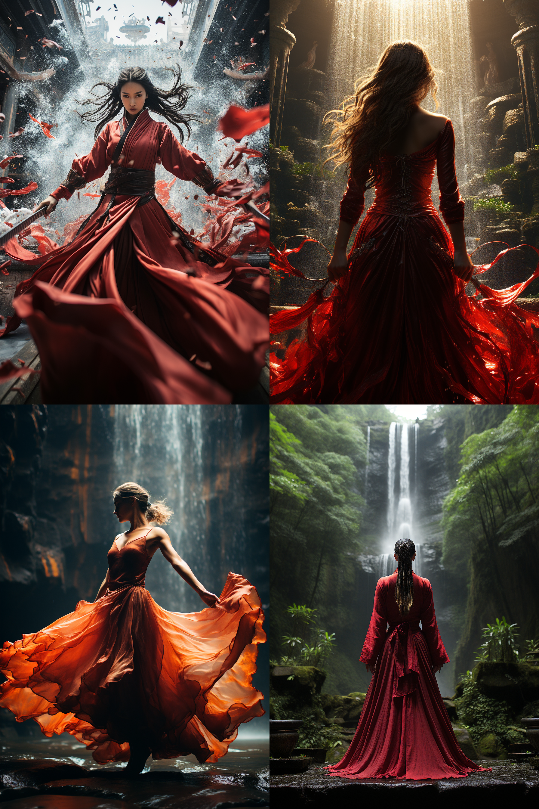 红衣女孩舞剑，瀑布背景，水花四溅，气势壮观，正面光逆光，颜色通透，低视角，长焦镜头，8k高清晰画面，动态捕捉，红色与水花对比，专注表情，动态模糊效果。