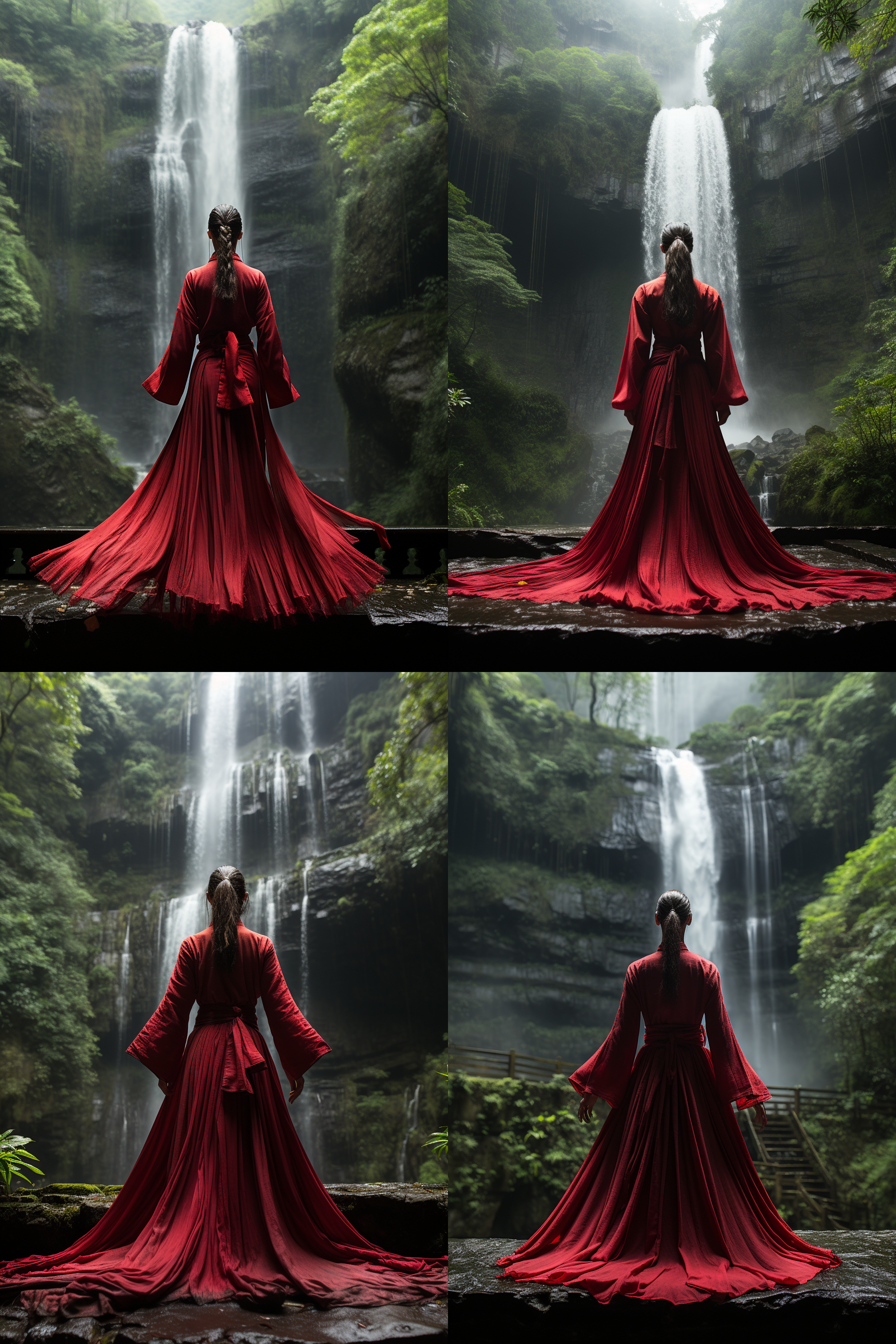 红衣女孩舞剑，瀑布背景，水花四溅，气势壮观，正面光逆光，颜色通透，低视角，长焦镜头，8k高清晰画面，动态捕捉，红色与水花对比，专注表情，动态模糊效果。