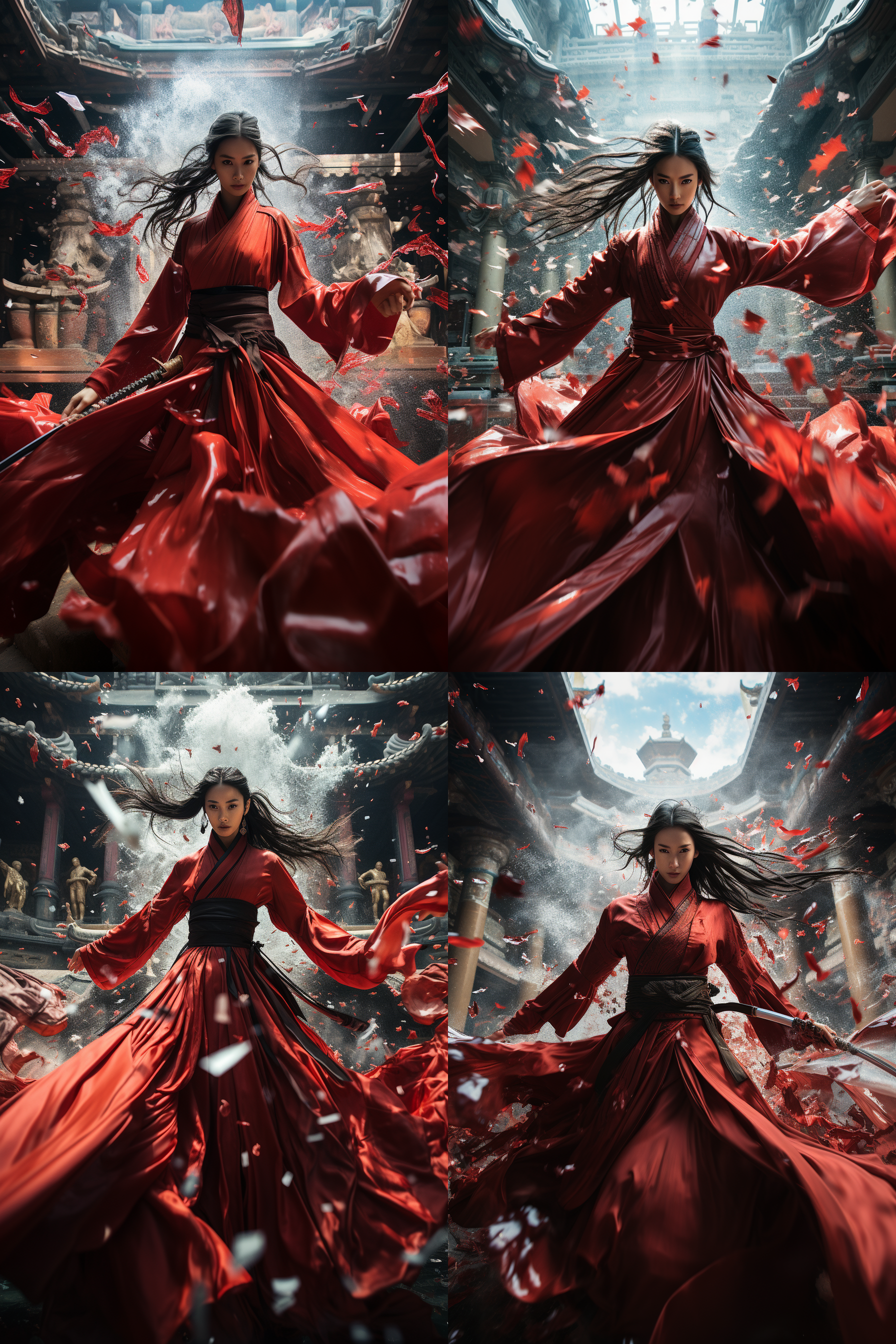 红衣女孩舞剑，瀑布背景，水花四溅，气势壮观，正面光逆光，颜色通透，低视角，长焦镜头，8k高清晰画面，动态捕捉，红色与水花对比，专注表情，动态模糊效果。