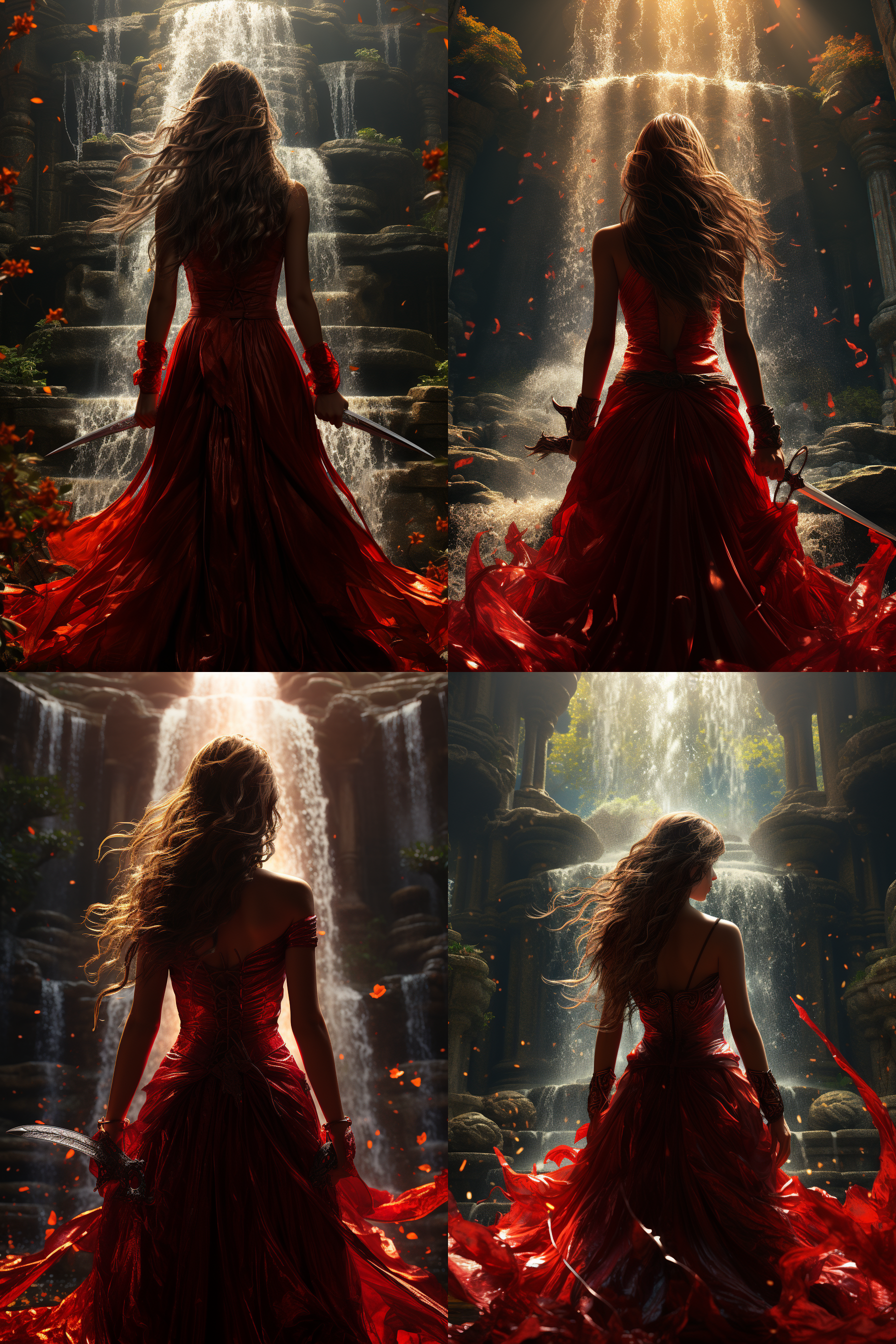 红衣女孩舞剑，瀑布背景，水花四溅，气势壮观，正面光逆光，颜色通透，低视角，长焦镜头，8k高清晰画面，动态捕捉，红色与水花对比，专注表情，动态模糊效果。