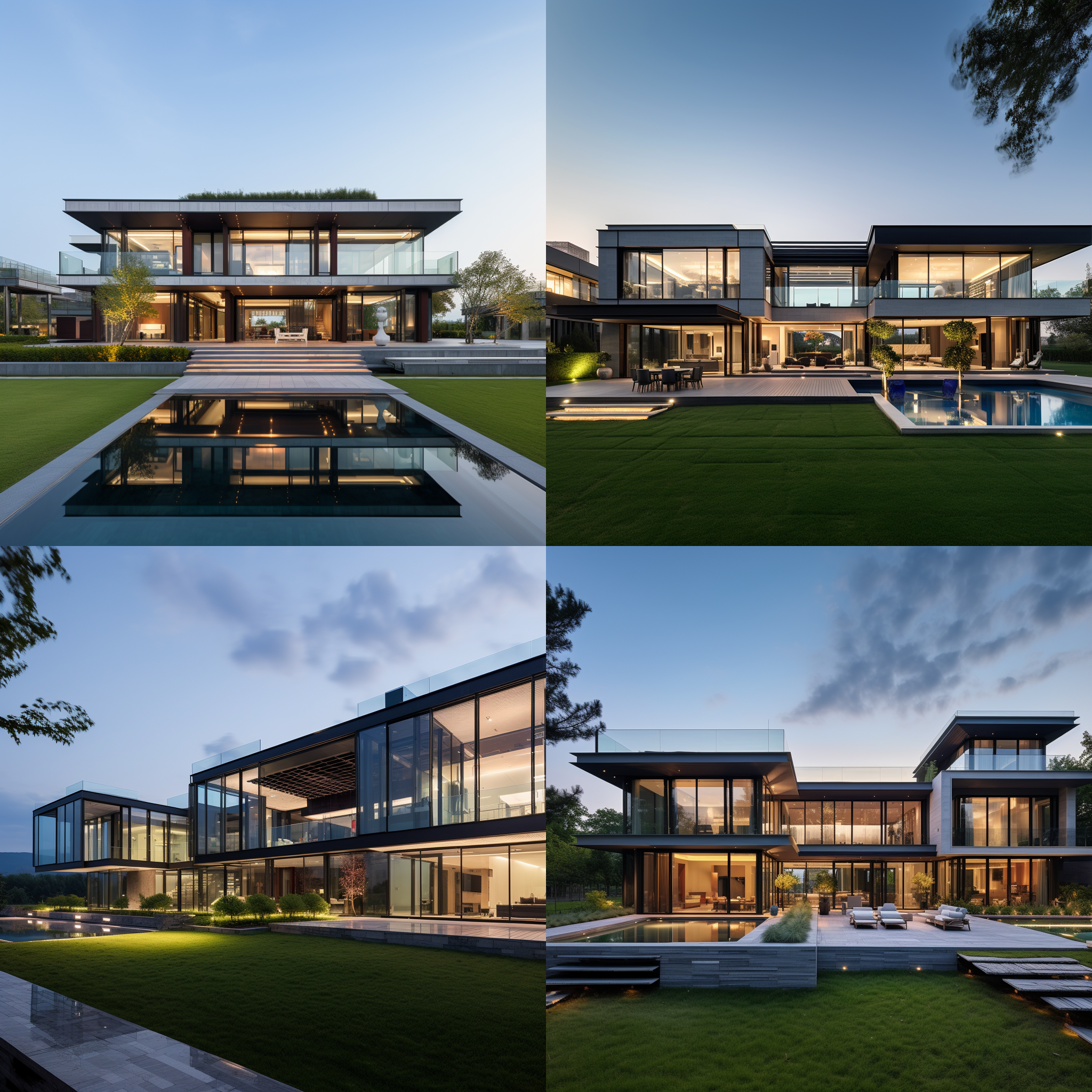 洋房对称排列，超长加长林肯居中，绿茵与玻璃幕墙对比鲜明，城市景观，现代繁华，大型全景，天空，电影质感，对称构图，广角镜头，高清晰度，自然光，静态，冷暖色调对比，奢华。