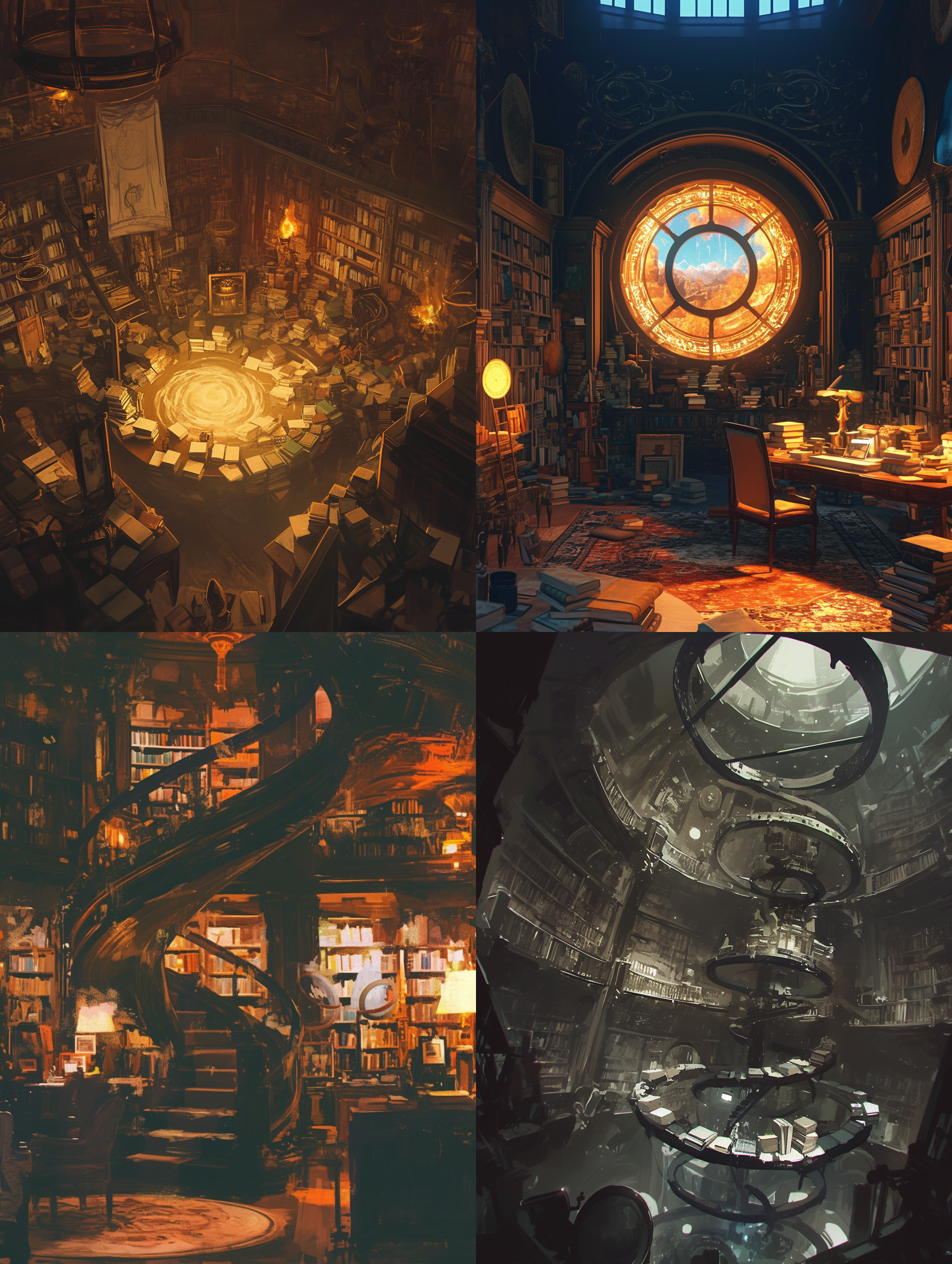 a study centered vortex, surrounded by antiques and books, deep and mysterious, with a central composition, dark tones, long exposure, indoor lighting, wide-angle lens, static yet dynamic, attracting and intriguing.