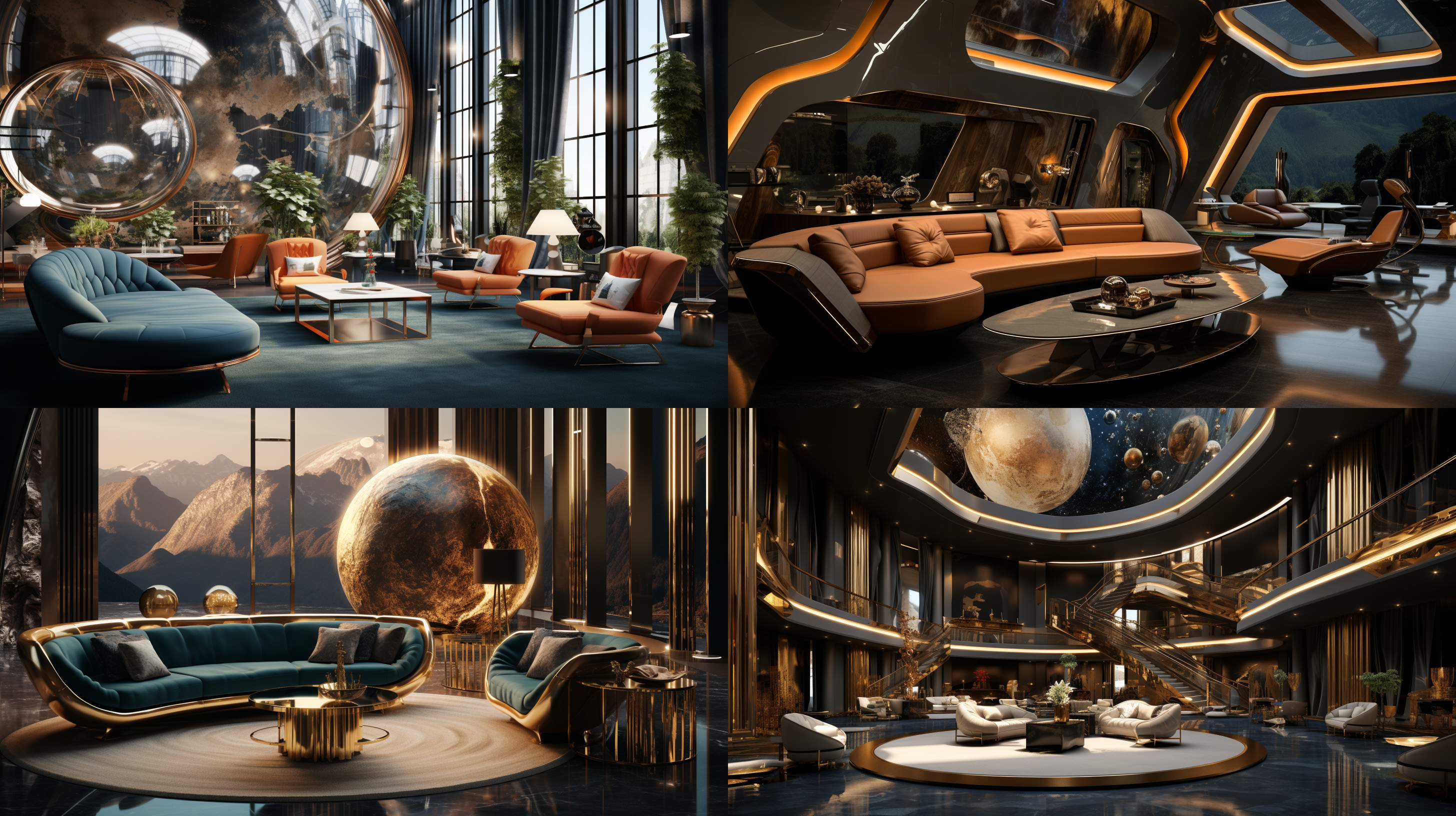 室内封闭空间，十平方米，星际穿越主题，未来科技感，金属质感，正打视角，两侧及对面舒适设计感沙发与茶几，奇特吊顶，夸张墙面造型，奢华大理石地面，绚烂梦幻现实融合，丰富细节，一点透视，广角镜头，神秘氛围，顶光照明，慢快门捕捉。