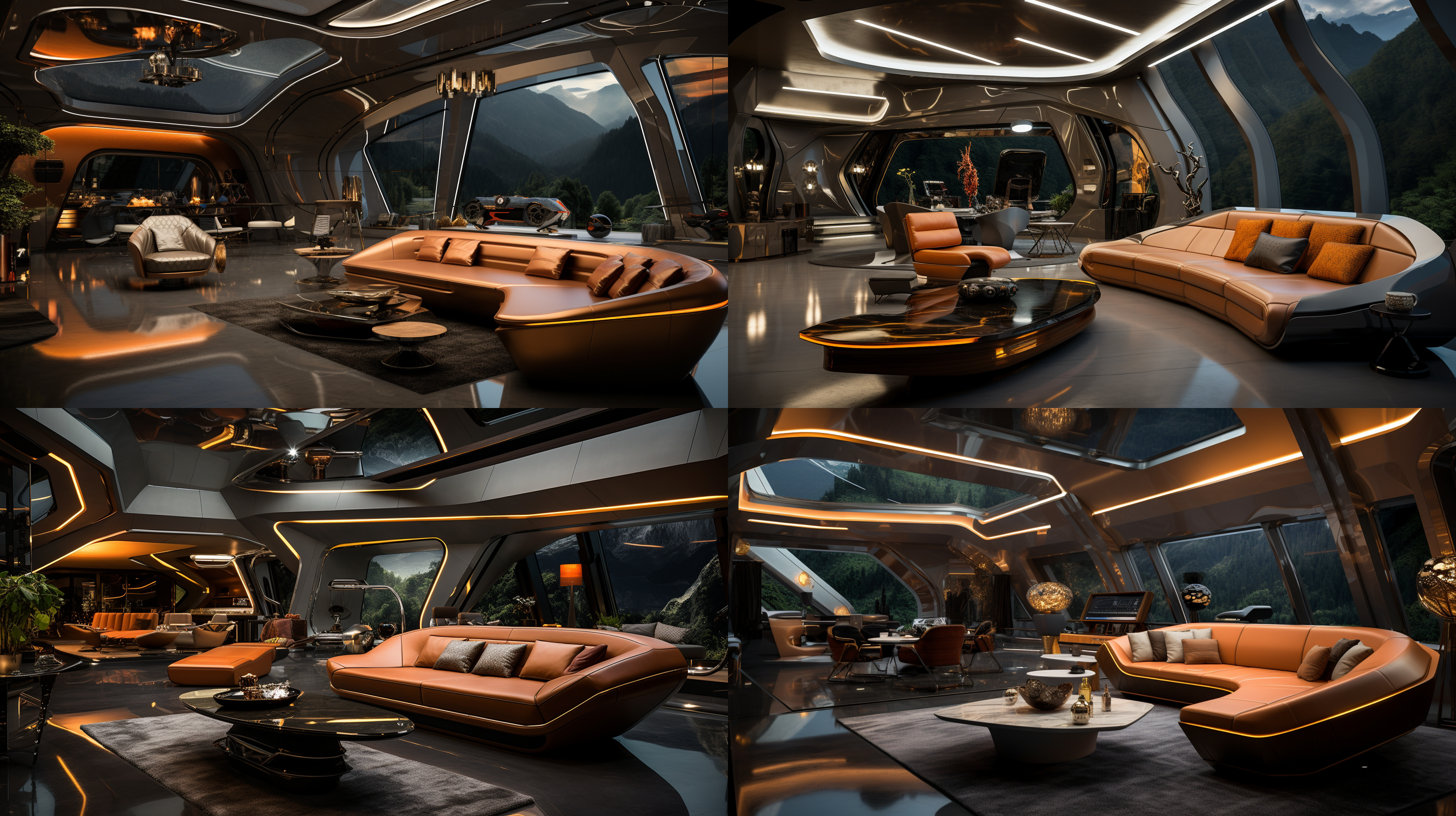 室内封闭空间，十平方米，星际穿越主题，未来科技感，金属质感，正打视角，两侧及对面舒适设计感沙发与茶几，奇特吊顶，夸张墙面造型，奢华大理石地面，绚烂梦幻现实融合，丰富细节，一点透视，广角镜头，神秘氛围，顶光照明，慢快门捕捉。