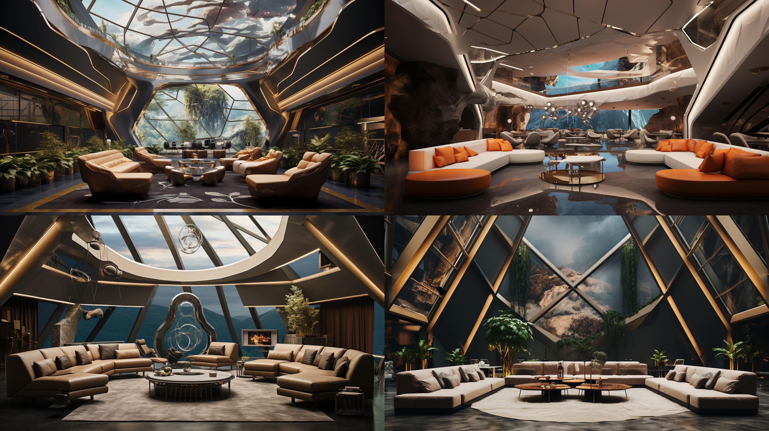 室内封闭空间，十平方米，星际穿越主题，未来科技感，金属质感，正打视角，两侧及对面舒适设计感沙发与茶几，奇特吊顶，夸张墙面，奢华大理石地面，绚烂梦幻与现实融合，丰富细节，一点透视，广角镜头，神秘氛围，顶光照明，慢快门捕捉动态。