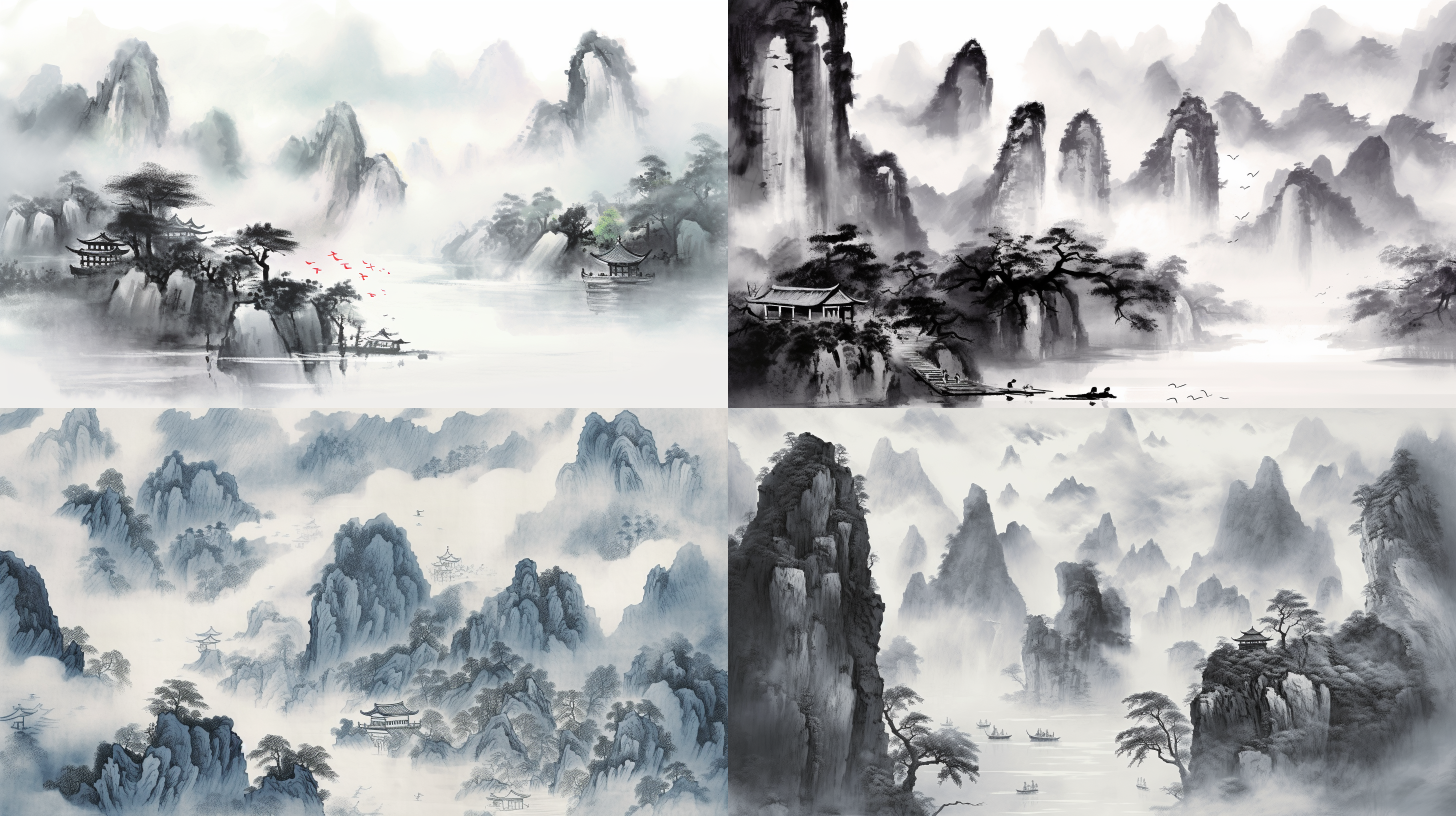 丛山峻岭云雾缭绕，瀑布飞流直下，蜿蜒小路石阶，水面开阔有小舟，中国水墨画风格，娟本纸质，黑白灰色调，层次丰富，高画质，背景留白，细节丰富，静谧氛围，细致描绘，古朴美。