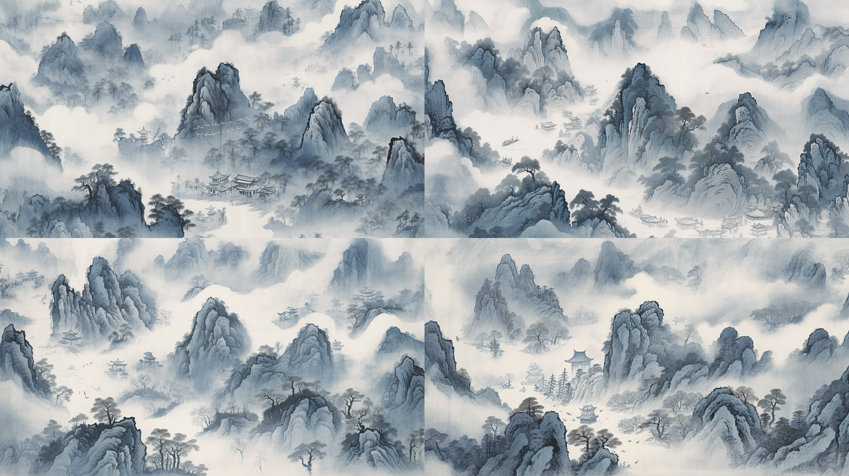 丛山峻岭云雾缭绕，瀑布飞流直下，蜿蜒小路石阶，水面开阔有小舟，中国水墨画风格，娟本纸质，黑白灰色调，层次丰富，高画质，背景留白，细节丰富，静谧氛围，细致描绘，古朴美。