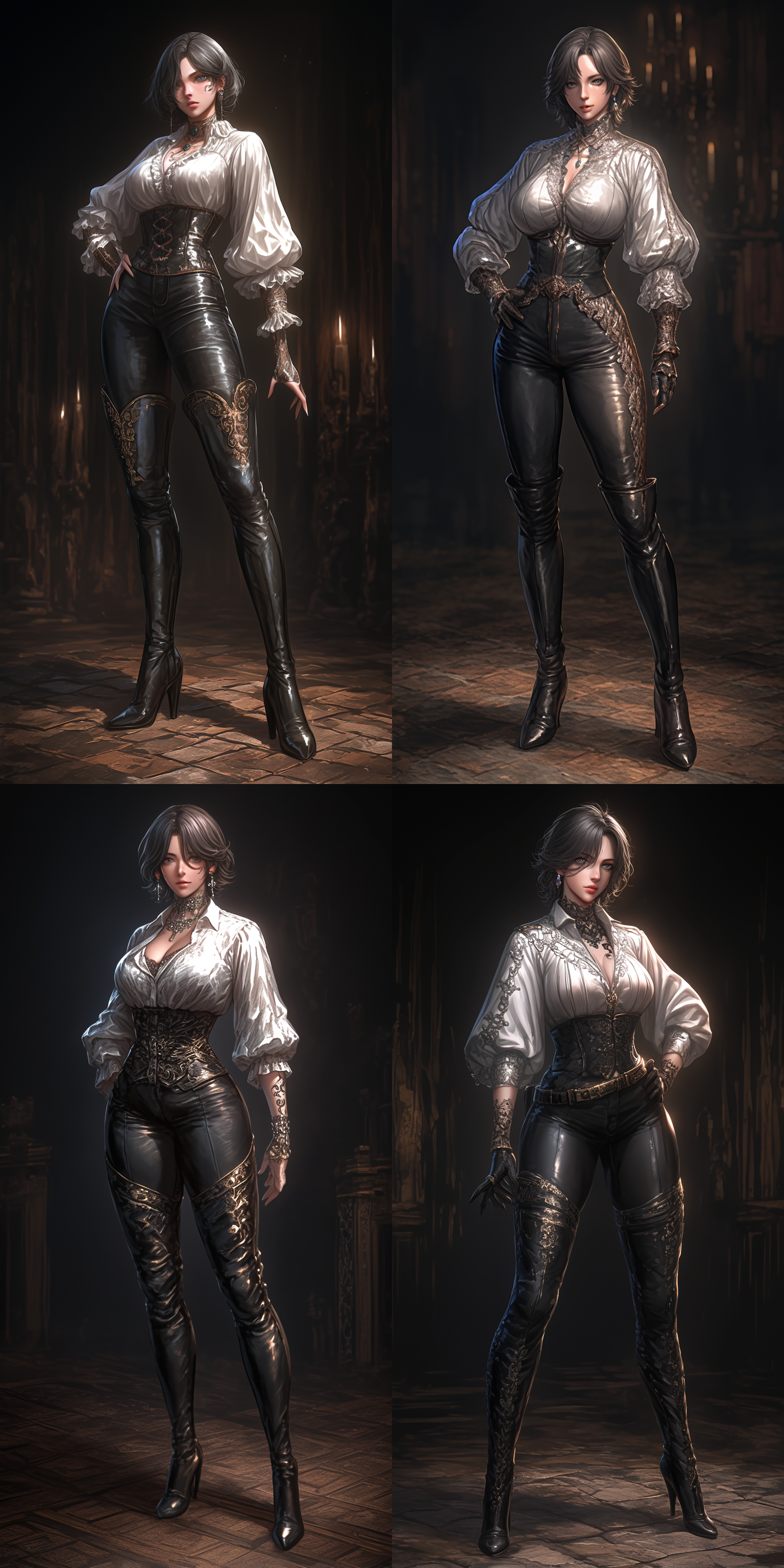 美女，完美身材，齐肩短发，夹克，紧身衣，过膝长靴，纹身，耳饰，立姿，全身，6k 天野喜孝