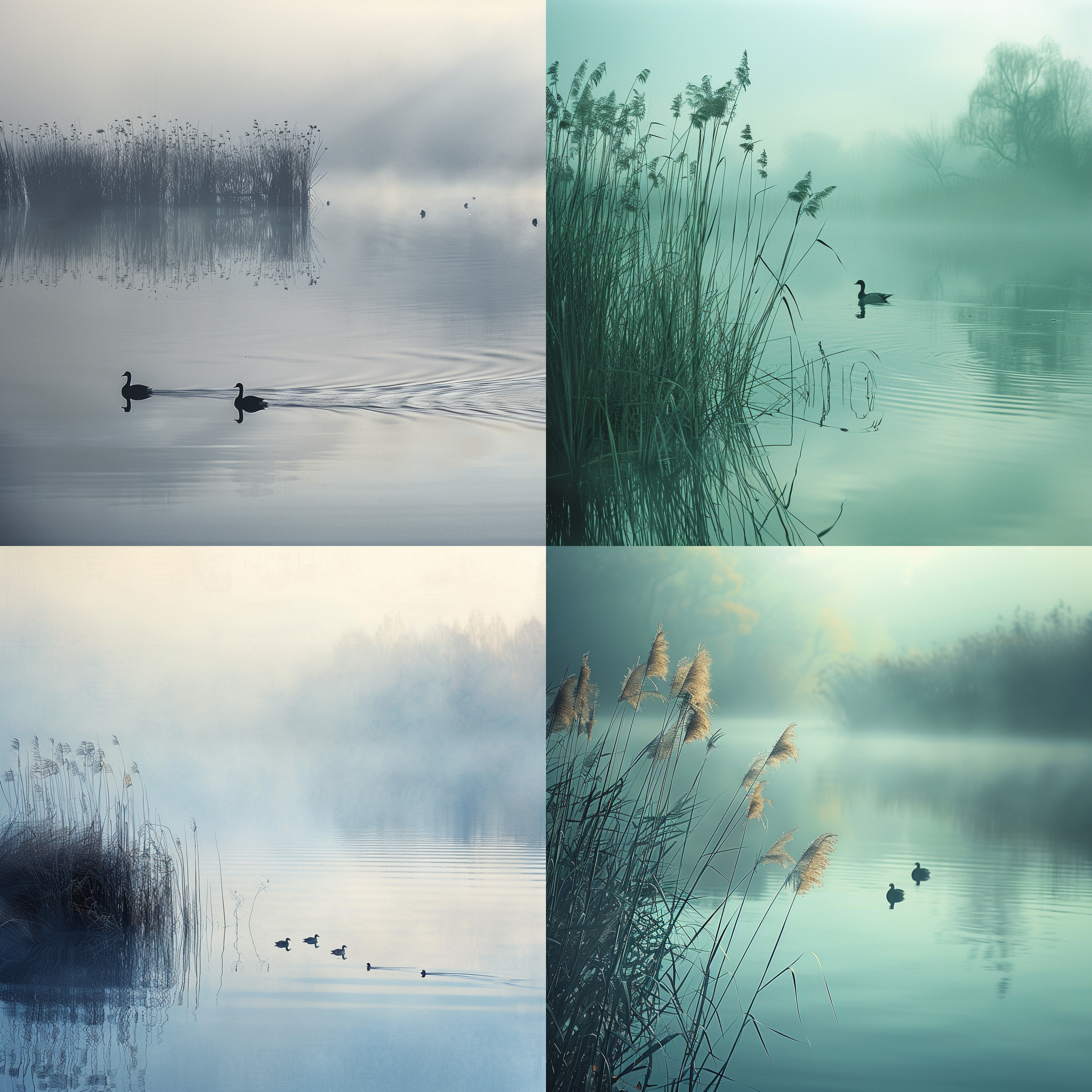 晨雾中，芦苇轻摇，水鸟掠过平静水面留下一道水痕，画面简洁而富有意境，冷色调，长焦镜头，低角度拍摄，柔和光线，动态捕捉，宁静，自然。