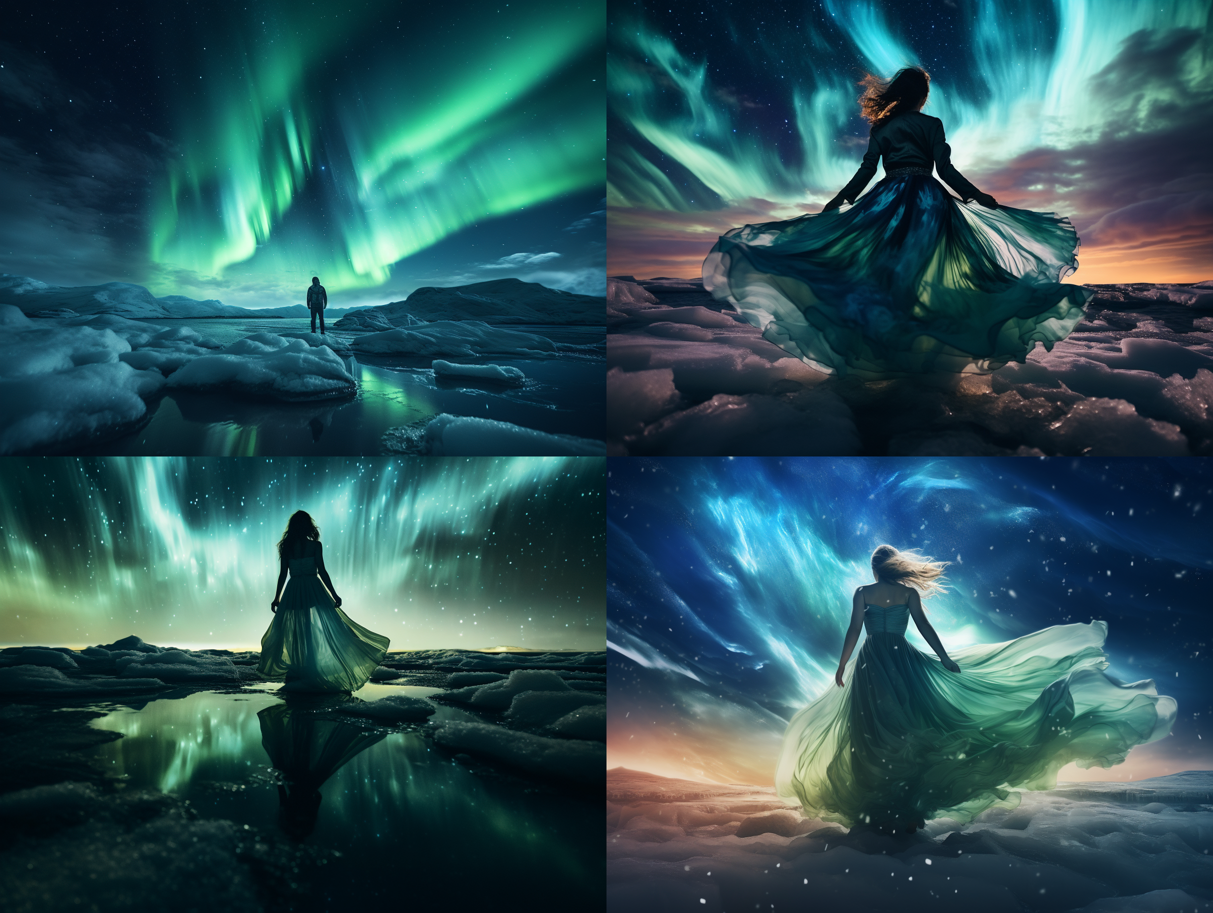 arctic scenery, vast ice sheets, aurora dancing, low-angle shot, cool, long exposure, ultra-wide-angle lens, starry background, tranquil, mysterious, natural beauty.,,in clothes