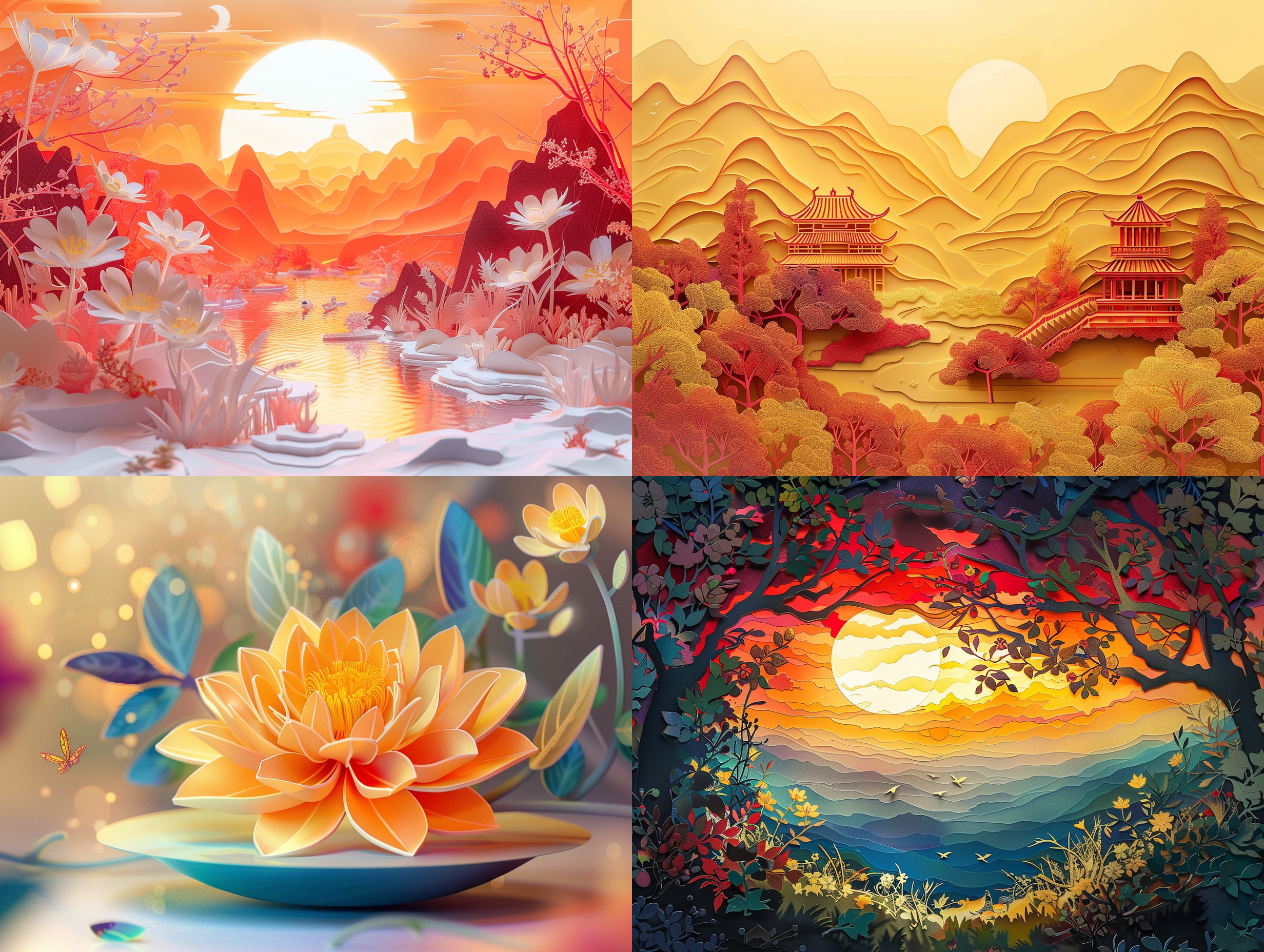 多维剪纸工艺，中秋节元素，柳州，紫荆花，华丽，彩色香草油，细腻剪纸风格，立体层次感，柔和光线，暖色调，细节丰富，传统与现代结合，静谧氛围。