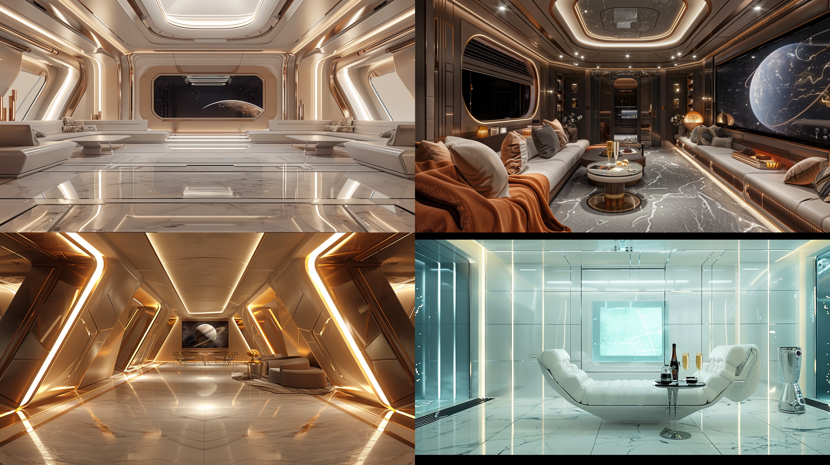 室内封闭包房挑空小空间，墙面造型对称，设计感沙发茶几大屏幕，大理石地面，香槟，星际穿越，整体造型夸张设计感，神秘未来感，画面明亮柔和，体积照明，一点透视，正打广角，cr 3dmax渲染