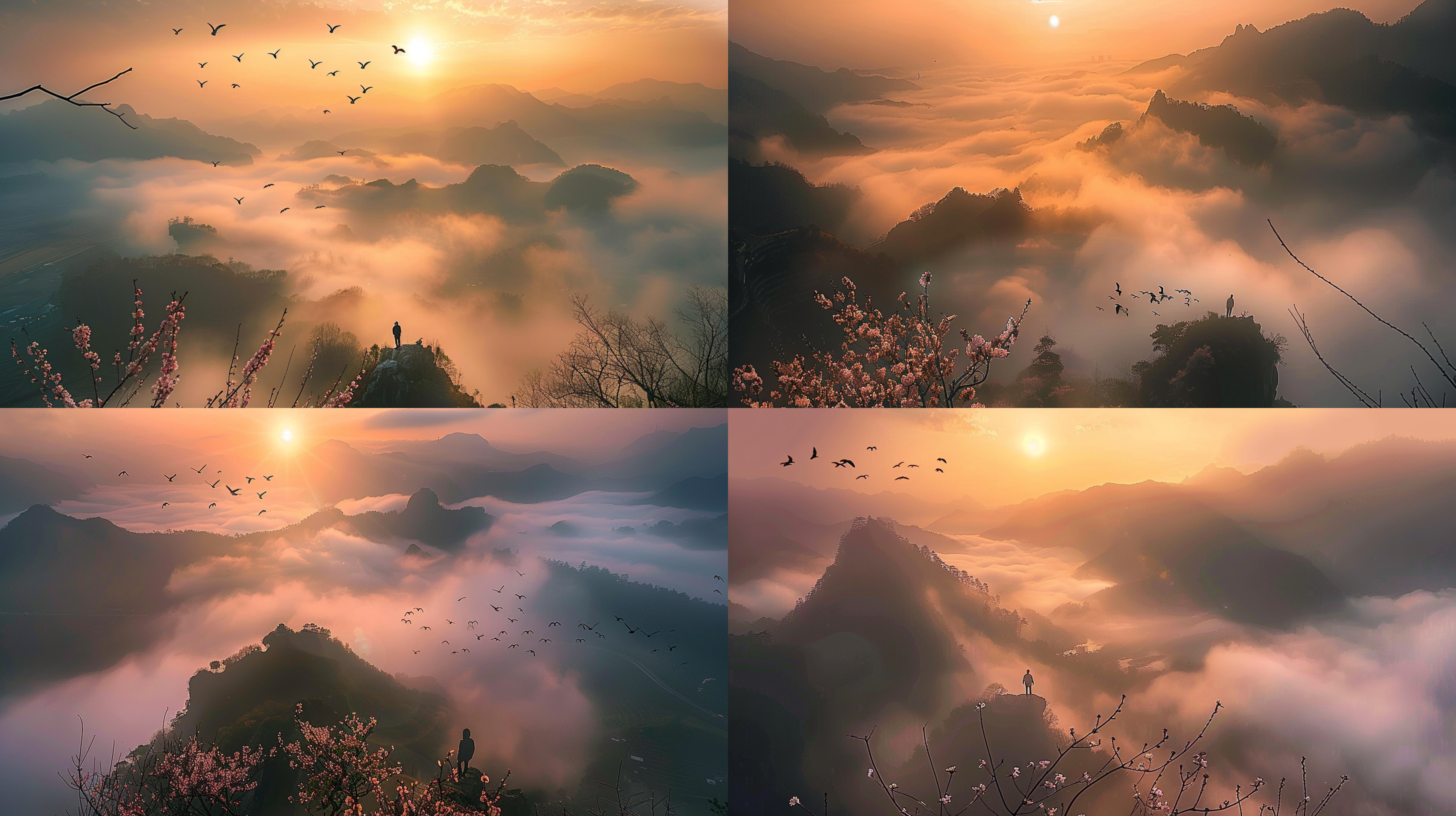 雾气缭绕的泰山山顶，云海日出，行者缓步前行，飞鸟翱翔。广角镜头，逆光，低饱和度，自然光，宁静，远景，动态模糊，温暖色调，神秘感。