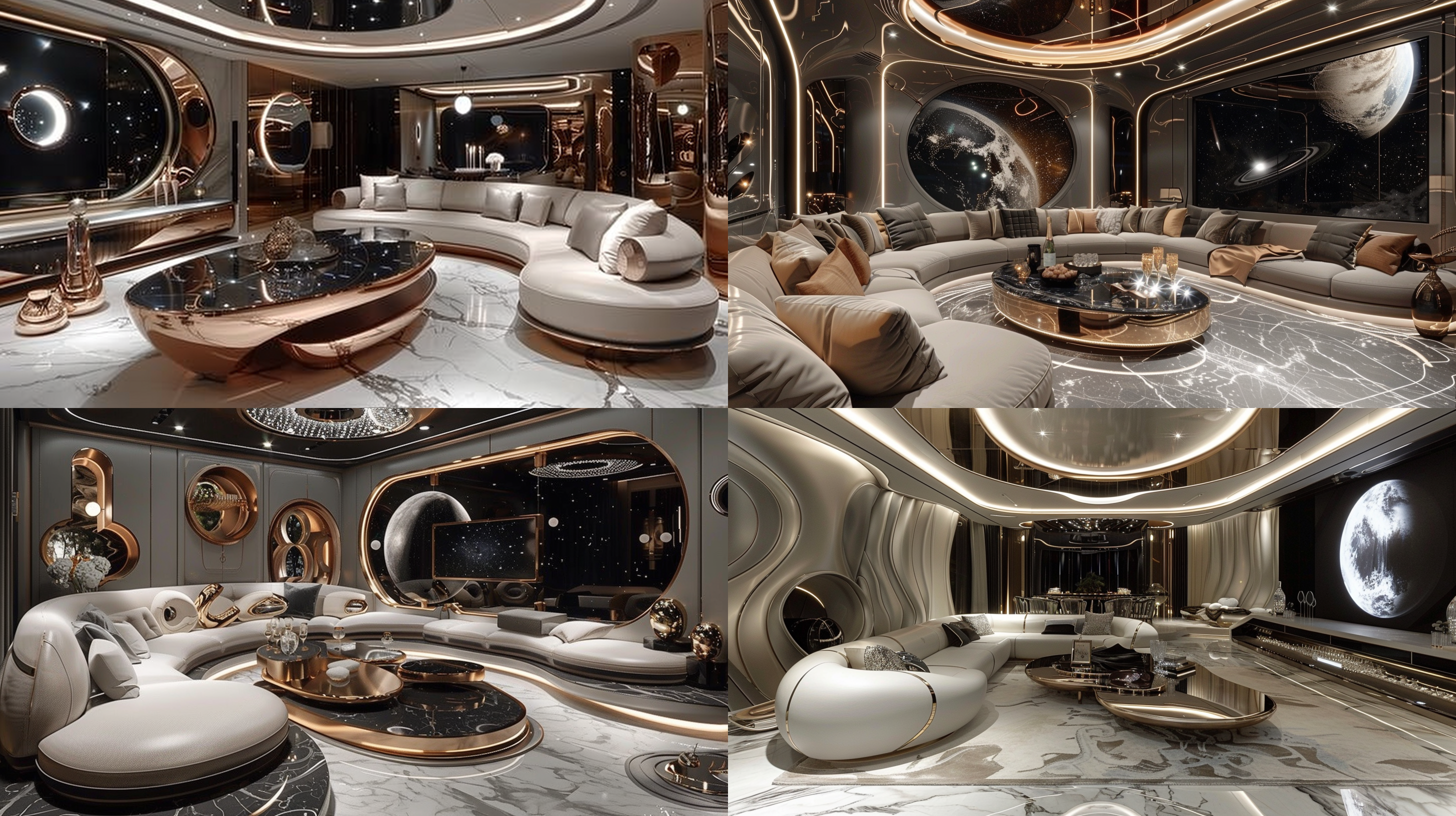 十平方米室内封闭包房，现代风格，u形沙发，大屏幕，金属感茶几，香槟，dj，美食，豪华主题，吊顶奇特，墙面夸张，大理石地面，浅色调，神秘未来感，明亮柔和，丰富细节，美学，体积照明，一点透视，广角，慢快门。