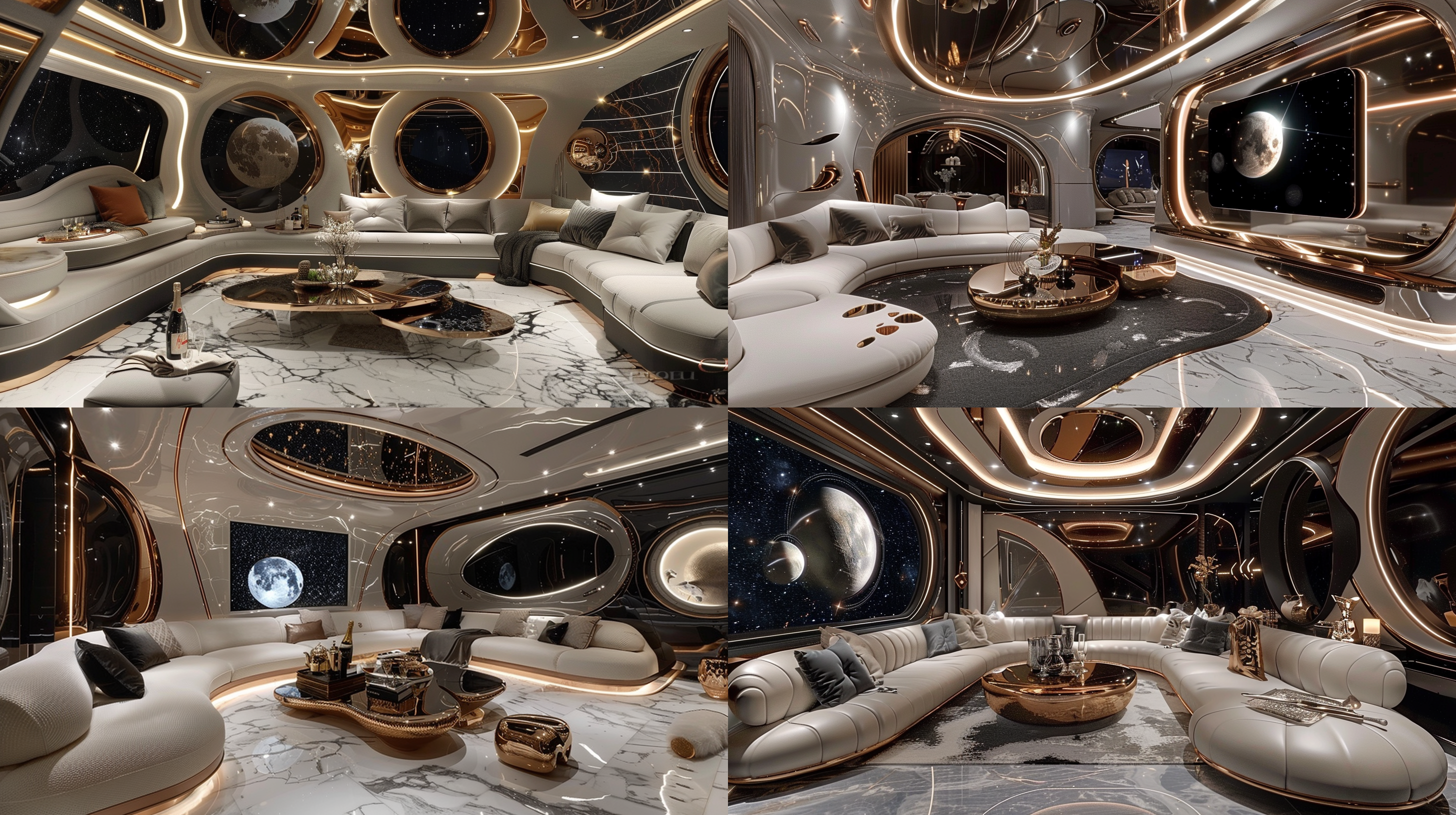 十平方米室内封闭包房，现代风格，u形沙发，大屏幕，金属感茶几，香槟，dj，美食，豪华主题，吊顶奇特，墙面夸张，大理石地面，浅色调，神秘未来感，明亮柔和，丰富细节，美学，体积照明，一点透视，广角，慢快门。