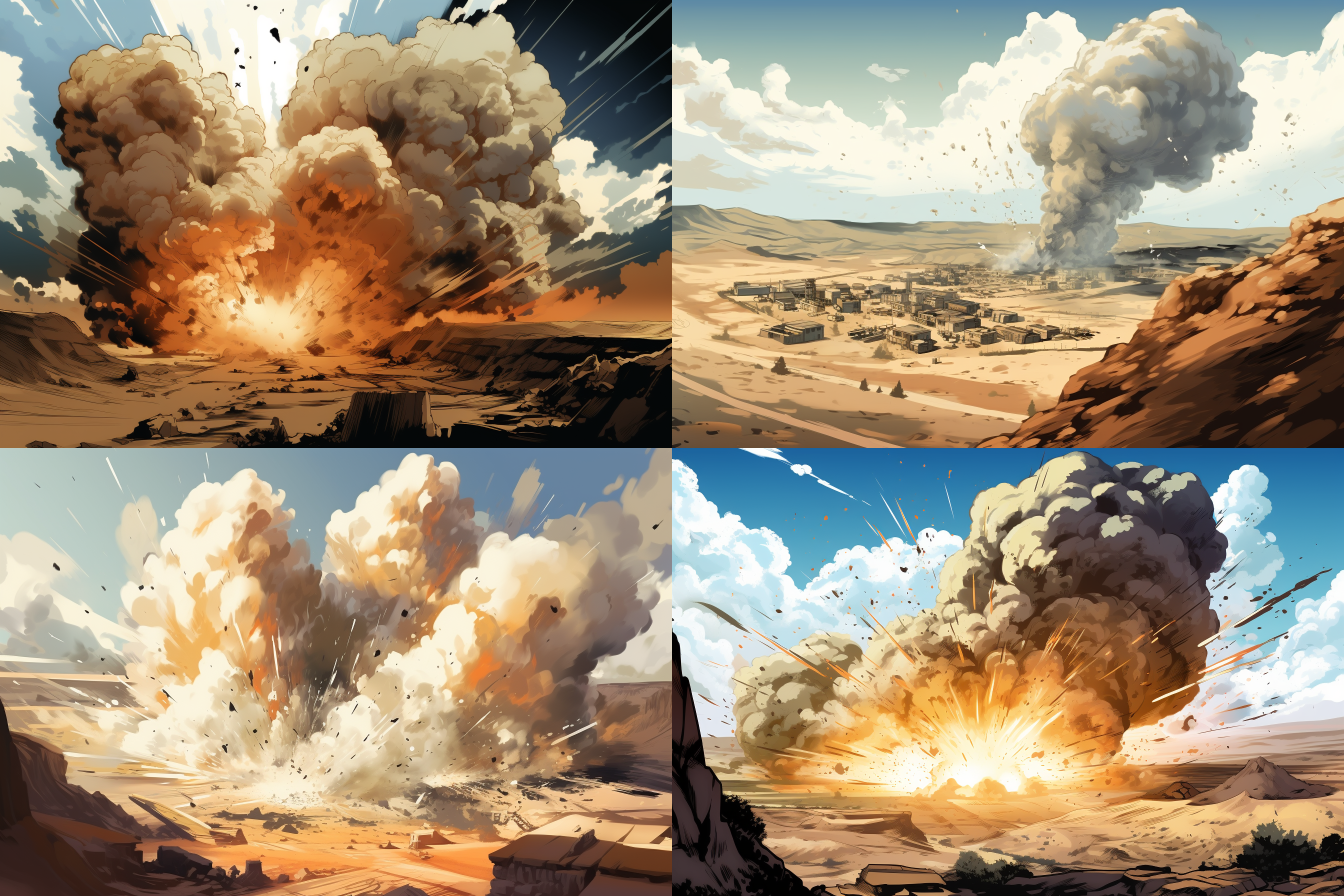 写实漫画风格，手绘风格，平面，远景镜头，长焦镜头，鸟瞰，远远看到，矿山有几处爆炸点，大面积烟雾，尘土飞扬，远处矿山，多个爆破点